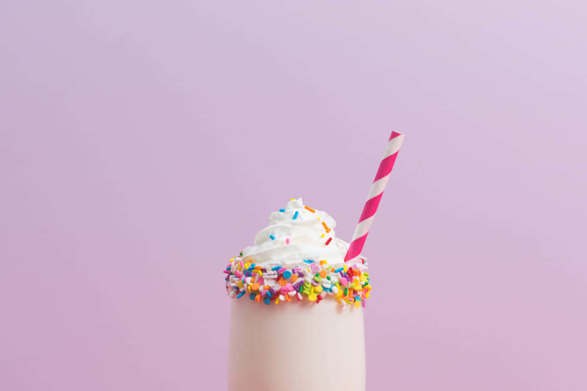Cute Dessert 桌布 壁紙 — 一杯奶油奶昔，上面有鮮奶油、彩色糖針和粉紅條紋吸管，襯托柔和的薰衣草背景。