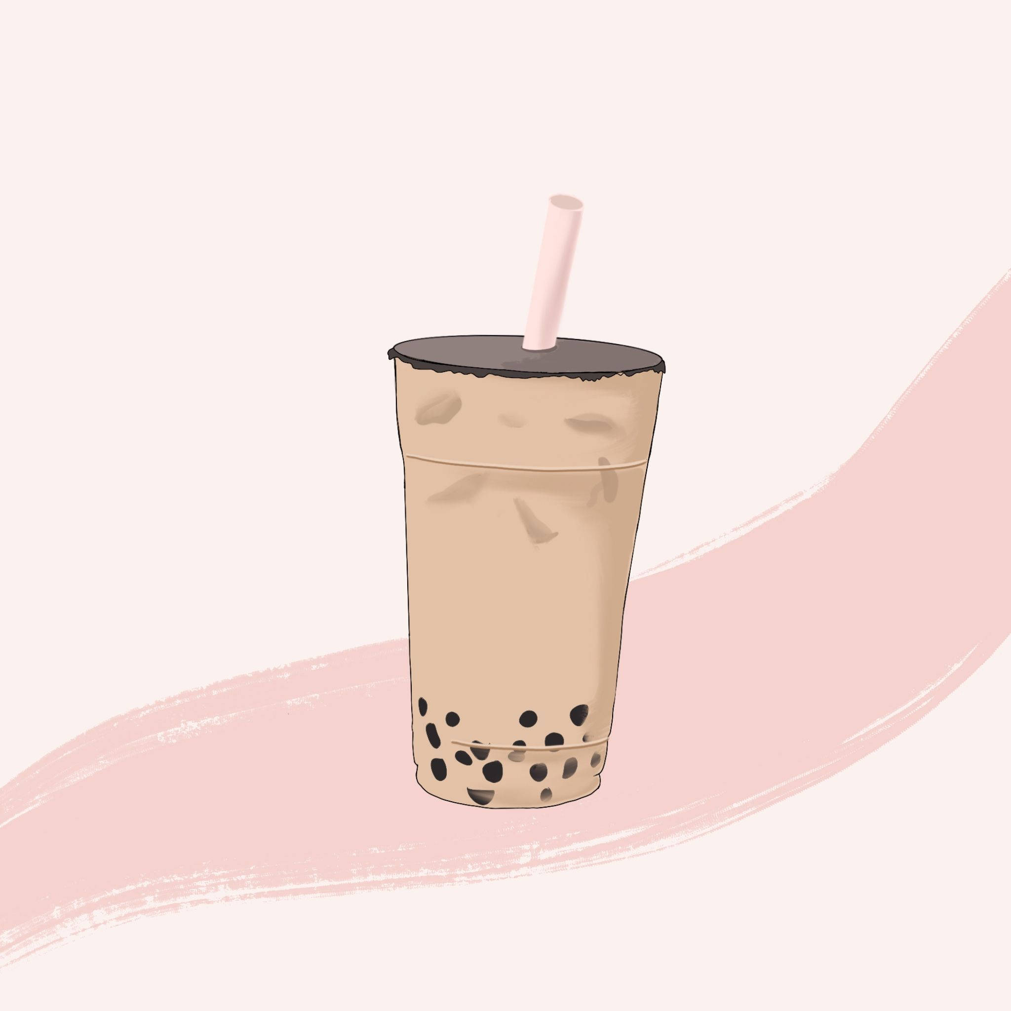 Bubble 桌布 壁紙 — 一杯奶油泡沫茶，透明杯中裝有黑色珍珠和粉紅色吸管，背景是柔和的粉紅色筆觸。