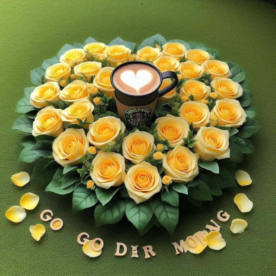 Good morning 壁紙 — 一杯心形拿鐵位於一個由黃玫瑰和綠葉組成的圓形佈置中央，放在綠色表面上，周圍散落著花瓣和拼出「go der morg」的木製字母。