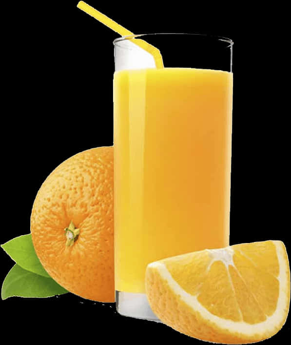Fruit Juice 桌布 壁紙 — 一杯插著吸管的高身鮮橙汁，旁邊放著一個完整柳橙和一片多汁柳橙片，襯以純黑背景。