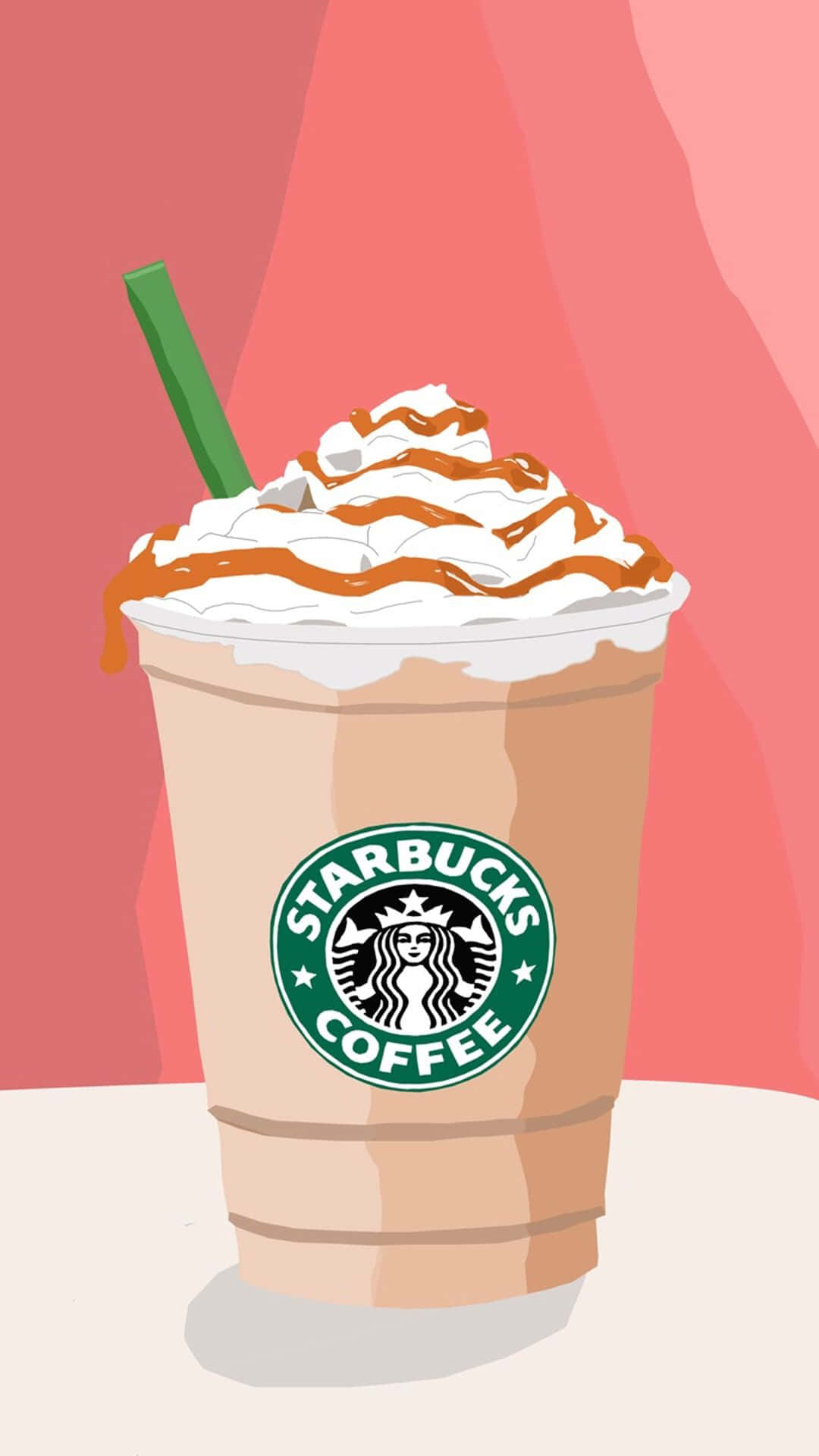 Aesthetic Starbucks 桌布 壁紙 — 一杯星巴克冰咖啡，上面有鮮奶油、焦糖醬和綠色吸管，襯托柔和的粉紅色背景。