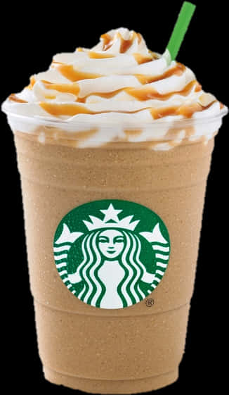 Starbucks Cup 桌布 壁紙 — 一杯星巴克冰咖啡，上面有鮮奶油、焦糖醬和綠色吸管，背景為黑色。