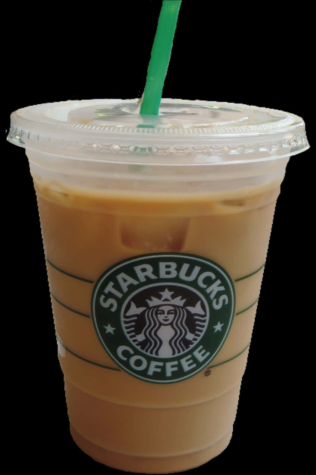 Starbucks Coffee 桌布 壁紙 — 一杯星巴克冰咖啡，盛裝在透明塑膠杯中，配有綠色吸管和標誌，背景為黑色。