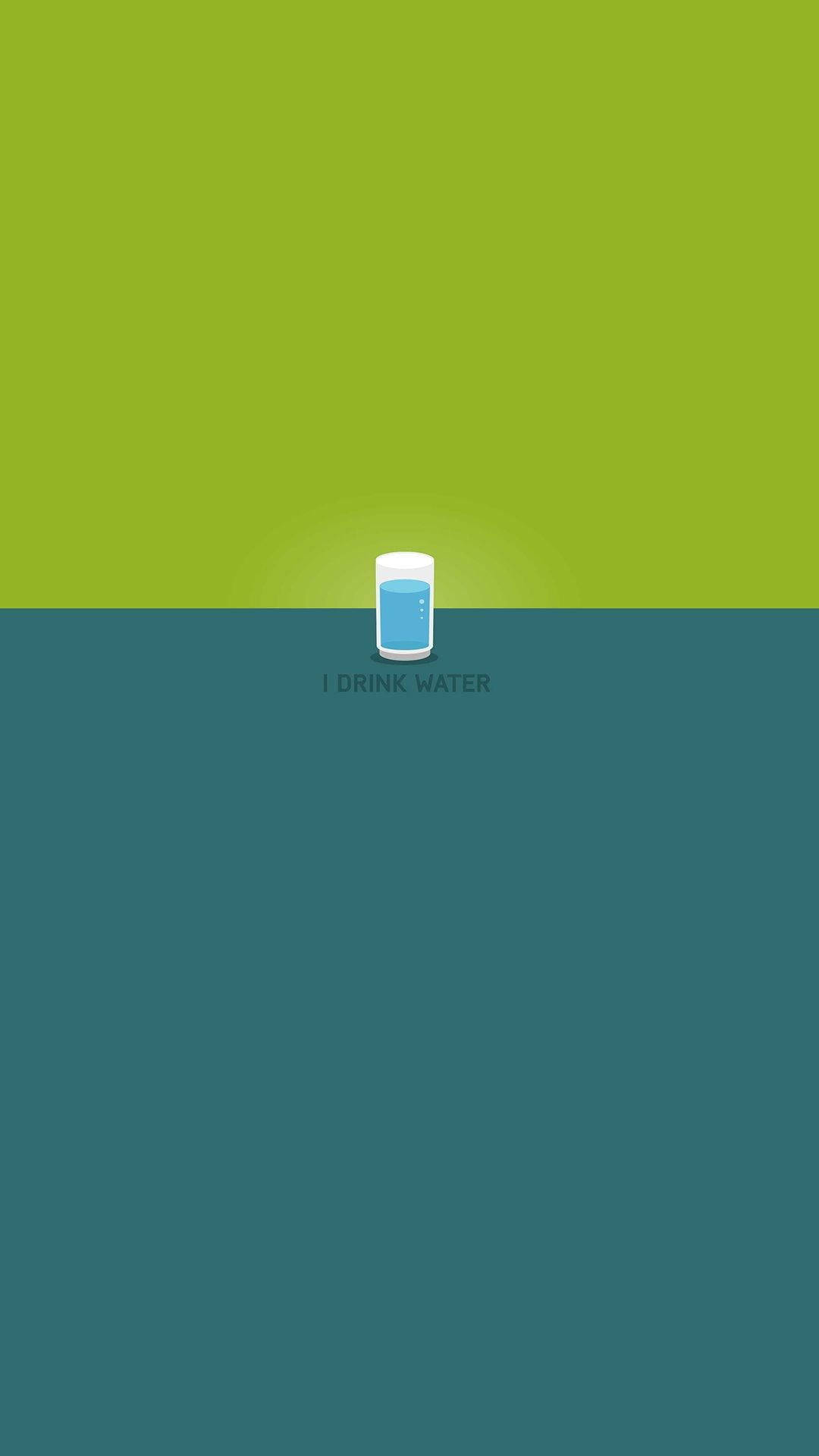 Minimalist Phone 桌布 壁紙 — 一杯極簡風格的水杯，置於青綠色表面上，背景為萊姆綠色，下方附有文字。
