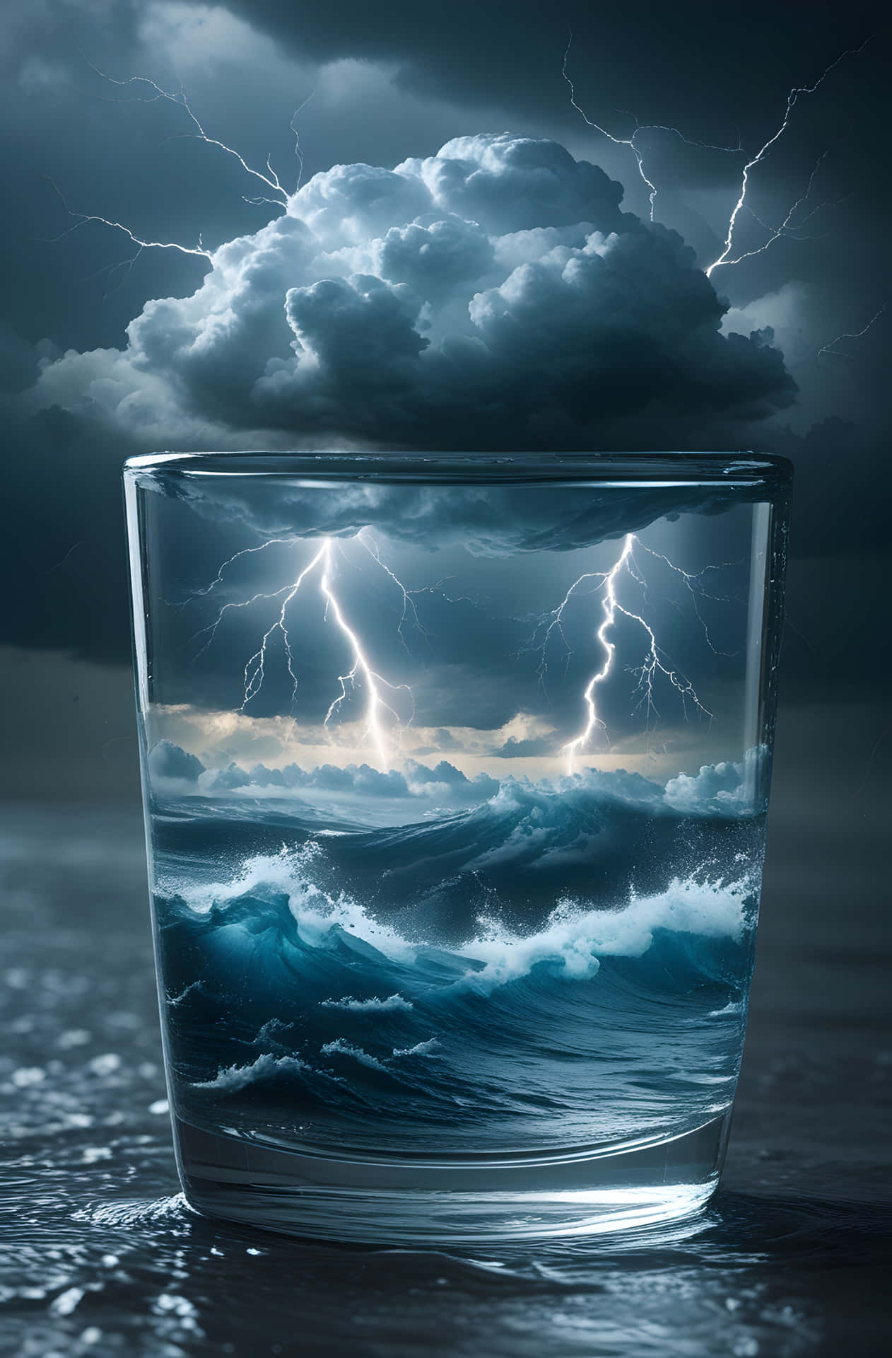 一杯水中有一個風暴場景，顯示閃電和波浪。 — 藍色 壁紙