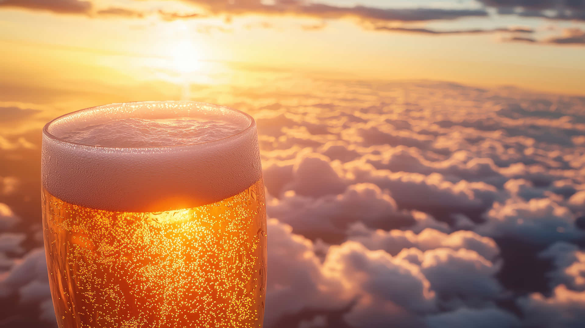 A frothy glass of golden beer glows in the warm light of a sunset, set against a breathtaking sky 壁紙 — 一杯泡沫豐富的金色啤酒，在佈滿柔和橙色和粉紅色雲朵的日落天空下閃爍著氣泡。