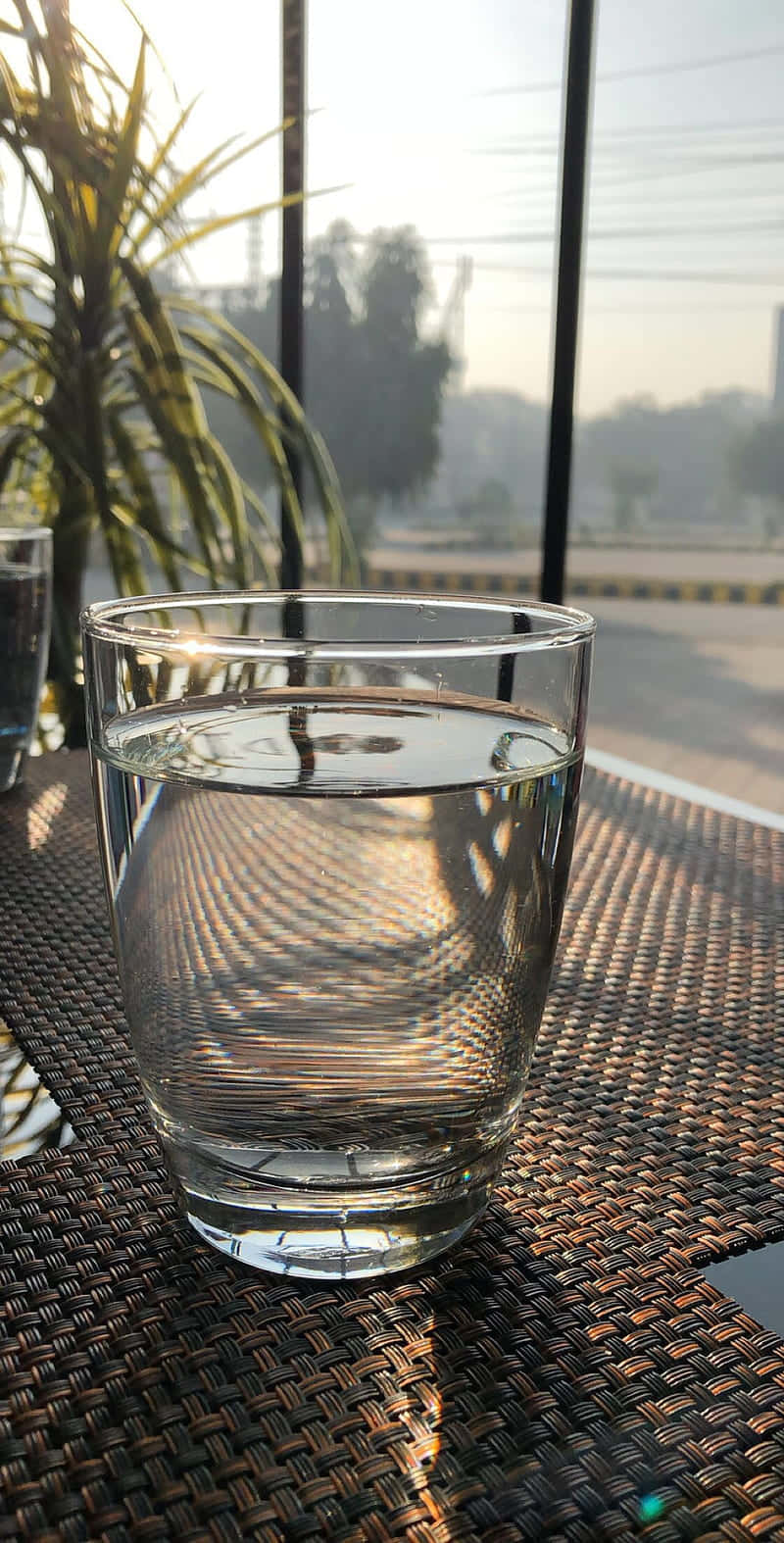 Life Aesthetic 桌布 壁紙 — 一杯清水放在編織墊上，沐浴在從帶有黑色欄杆的窗戶射入的溫暖陽光中。