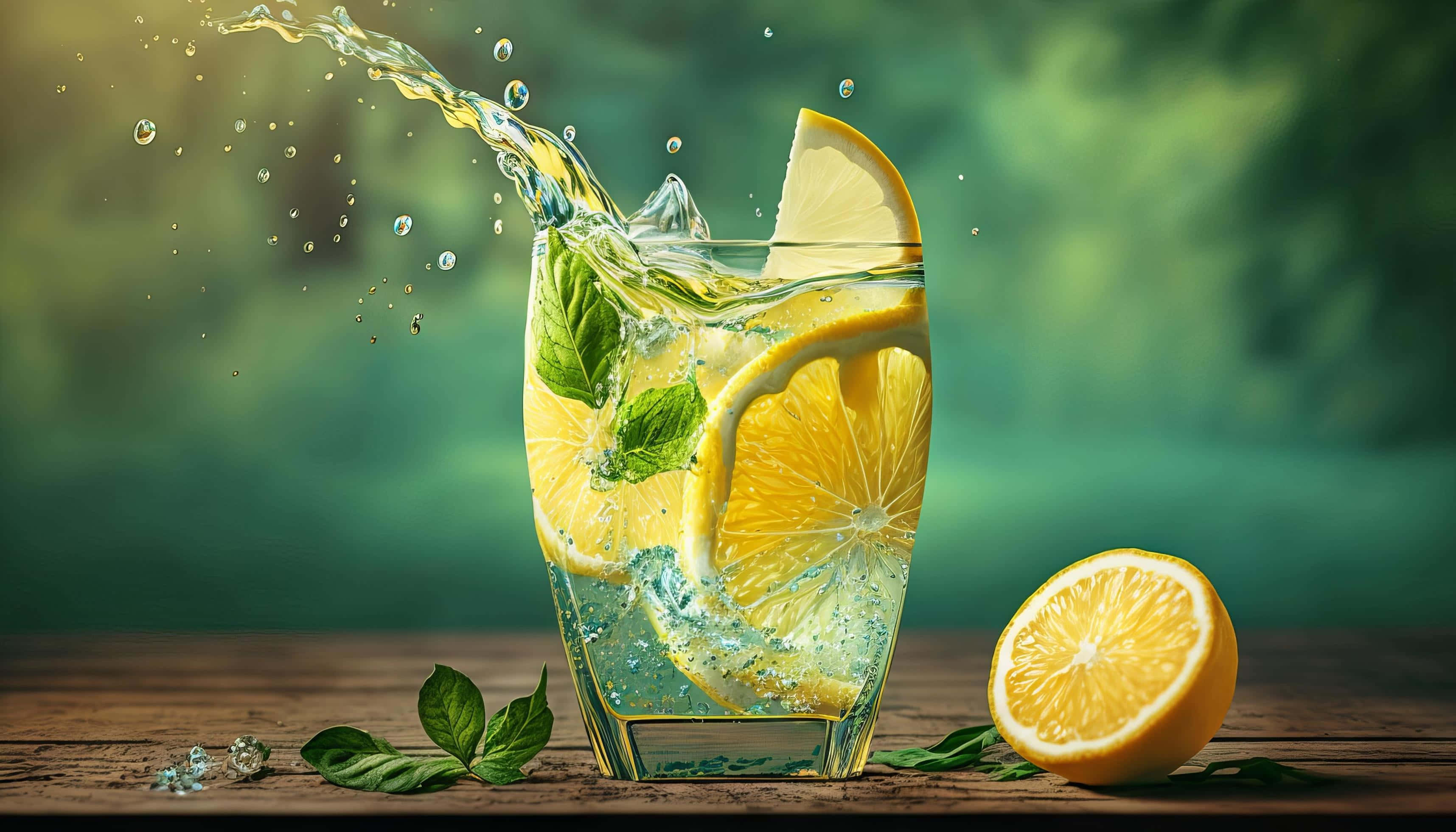 Refreshing 桌布 壁紙 — 一杯清爽的檸檬水，加入薄荷和冰塊，在質樸的木桌上戲劇性地飛濺。