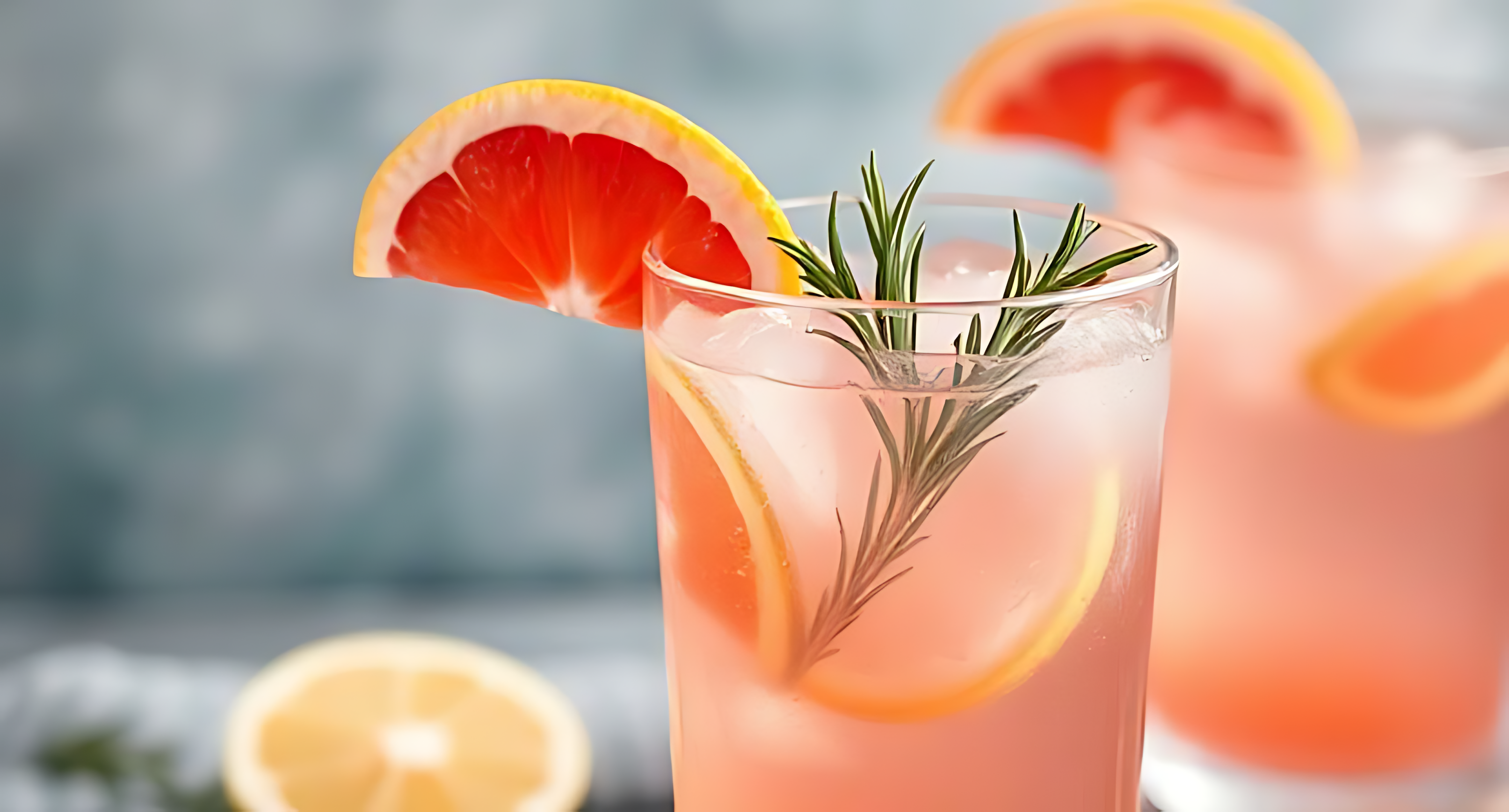 cocktail 桌布 壁紙 — 一杯清爽的粉紅柑橘飲品，用迷迭香和葡萄柚片裝飾，放在加冰的玻璃杯中。