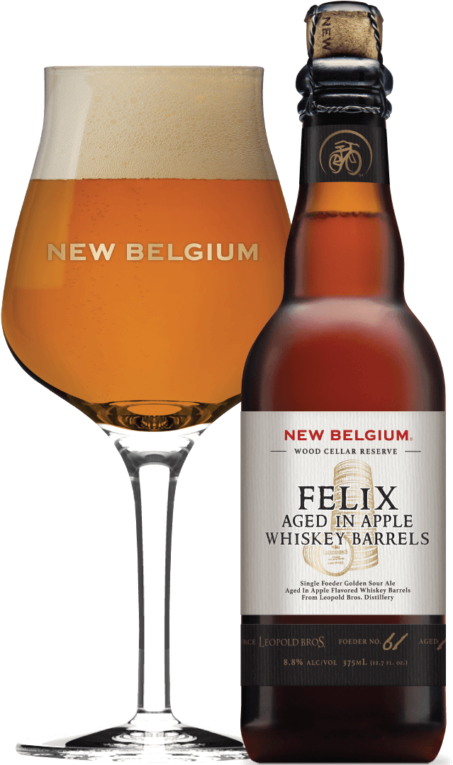 比利時 桌布 壁紙 — 一杯琥珀色的New Belgium Felix啤酒，帶有泡沫，放在黑色背景的瓶子旁邊。
