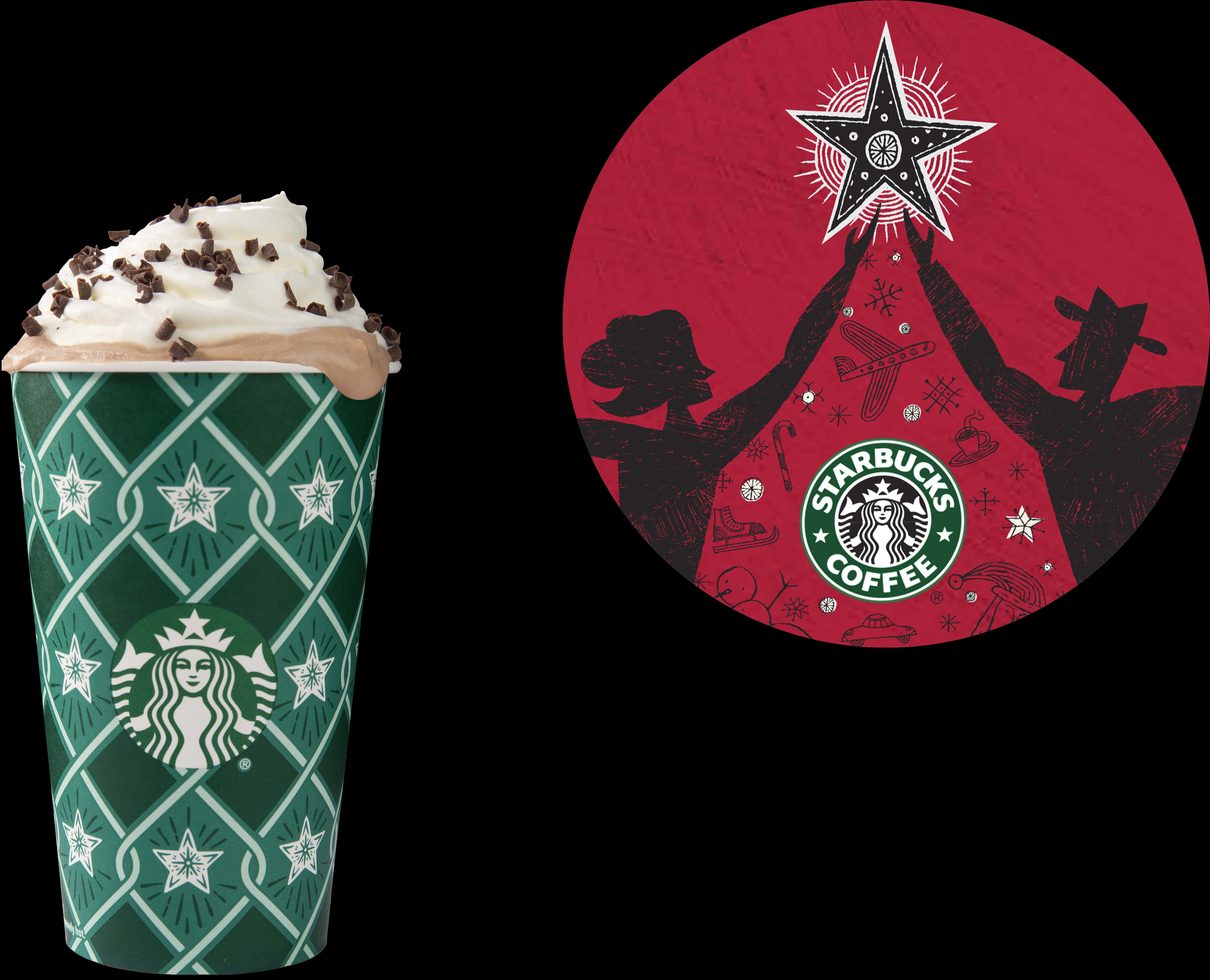 Starbucks Cup 桌布 壁紙 — 一杯節日星巴克假日飲品，上面有鮮奶油和巧克力碎，旁邊是一個紅色圓形圖案，上面有舉著星星的剪影。