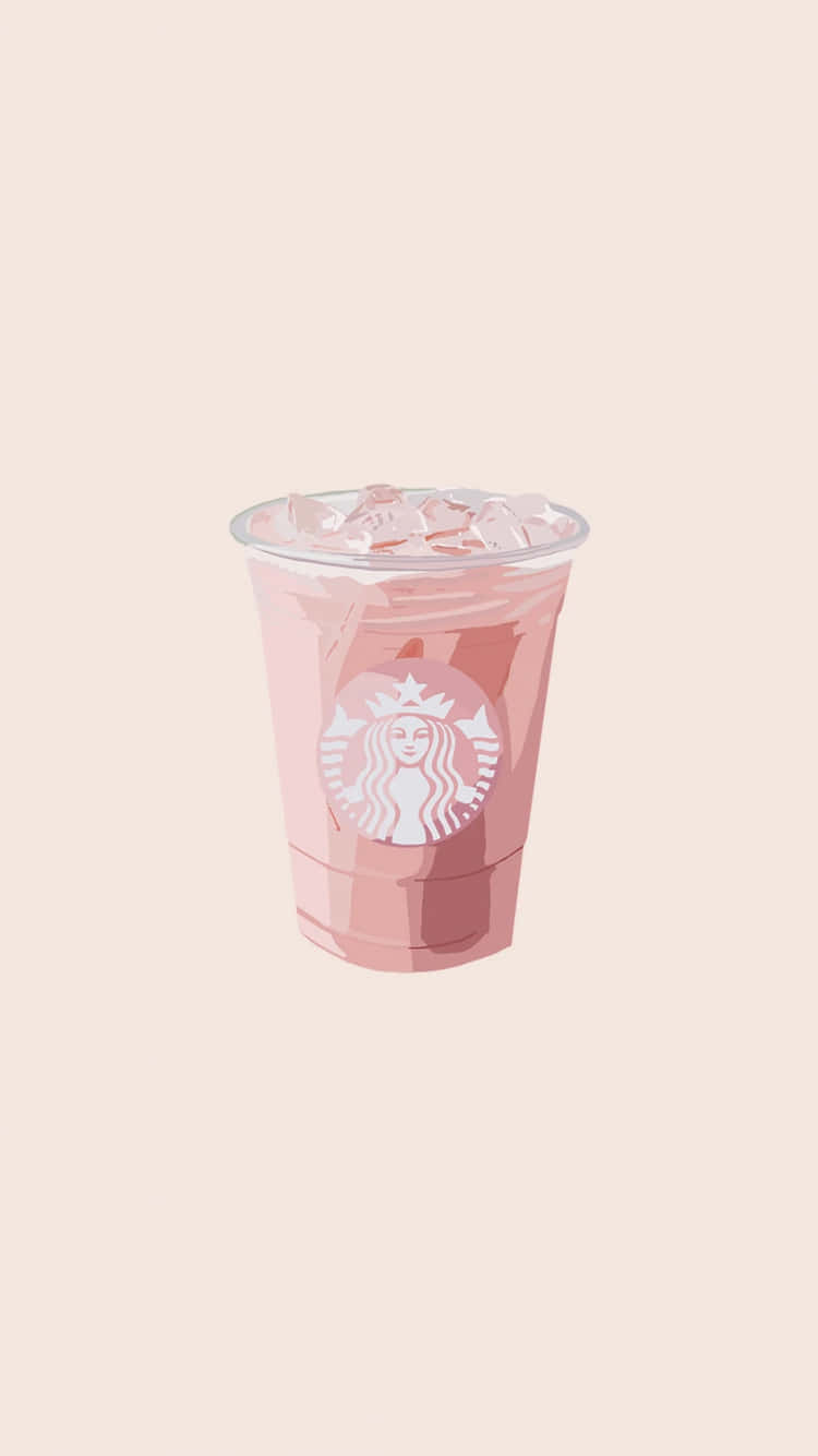 Aesthetic Starbucks 桌布 壁紙 — 一杯粉紅色的冰凍星巴克飲品，加冰塊，置於柔和的米色背景中央。