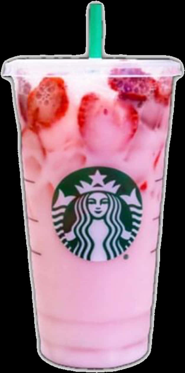 Starbucks Cup 桌布 壁紙 — 一杯粉紅色草莓星冰樂，配有新鮮切片草莓和冰塊，放在Starbucks杯中，附有綠色吸管。