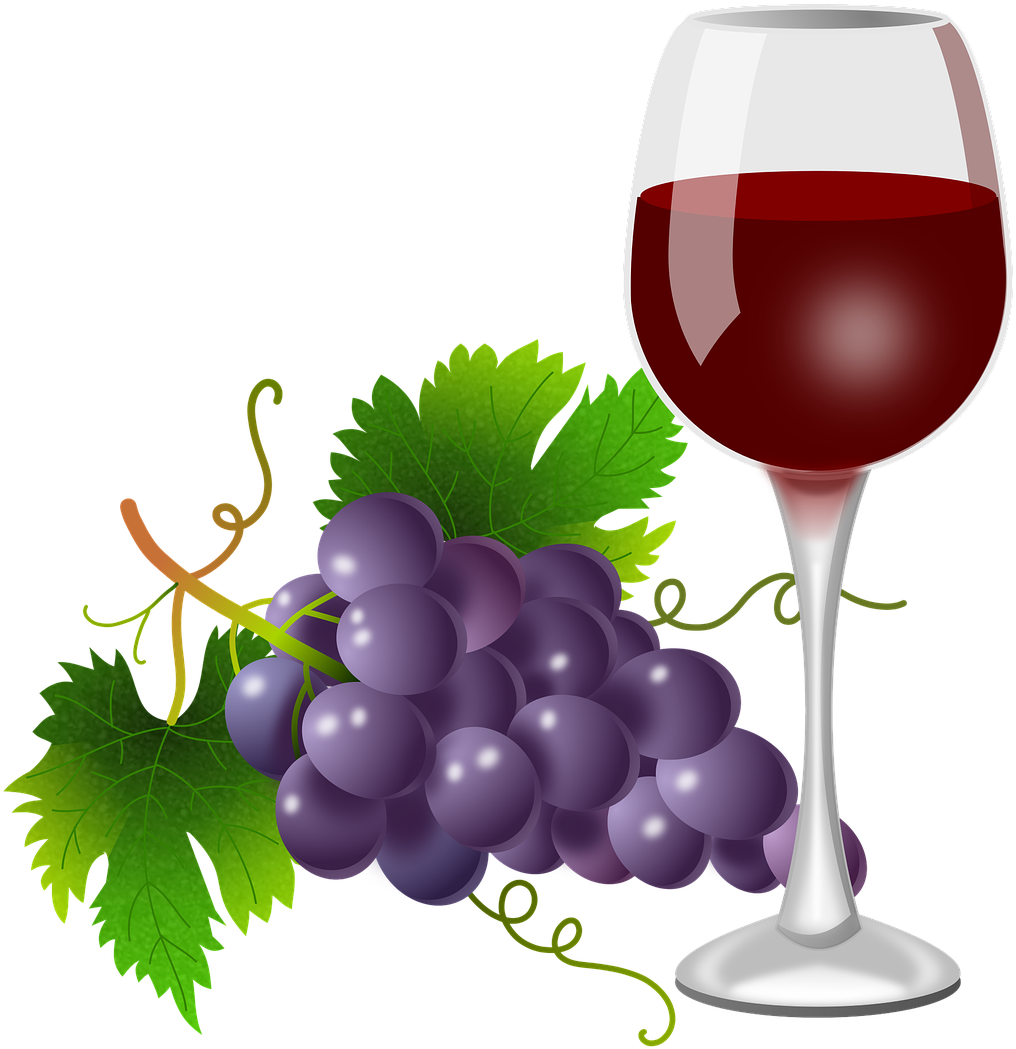 Wine Glass 桌布 壁紙 — 一杯紅酒旁邊有一串紫葡萄，附有綠葉和藤蔓。