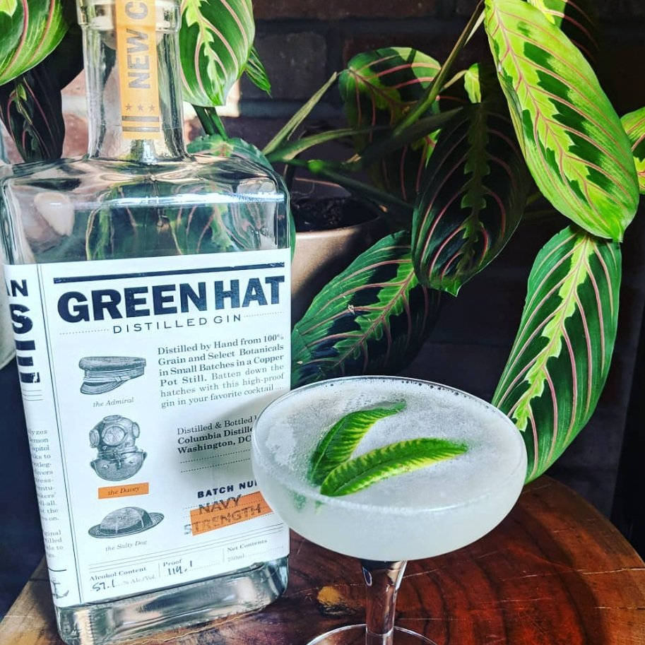 Gin 桌布 壁紙 — 一杯結霜的琴酒雞尾酒，飾以綠葉，旁邊放著一瓶 Green Hat Distilled Gin，在木桌上被茂盛雜色的葉子環繞。