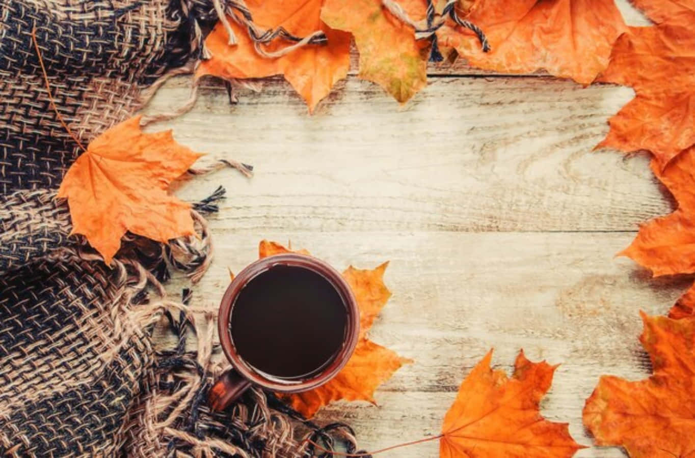 Autumn Season 桌布 壁紙 — 一杯舒適的咖啡被鮮豔的橙色楓葉包圍，放在質樸的木桌上。