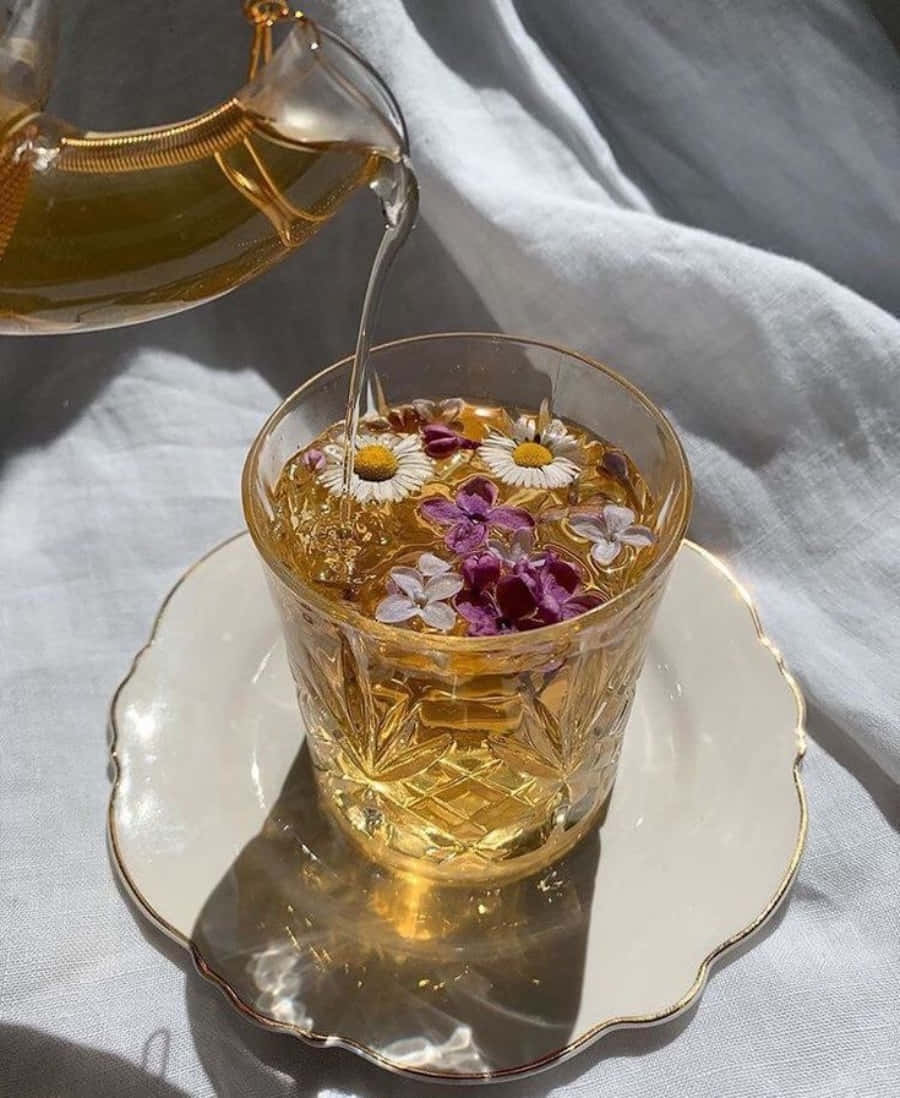 一杯花茶正在倒入杯中 壁紙
