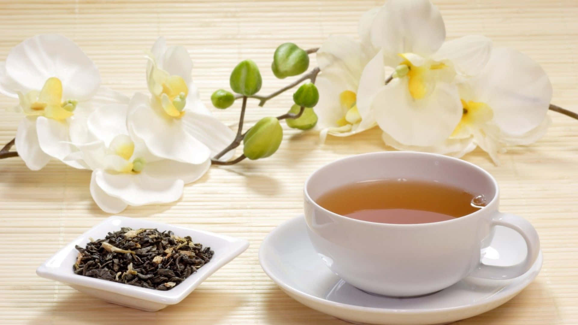 一杯茶搭配花朵與蘭花 壁紙
