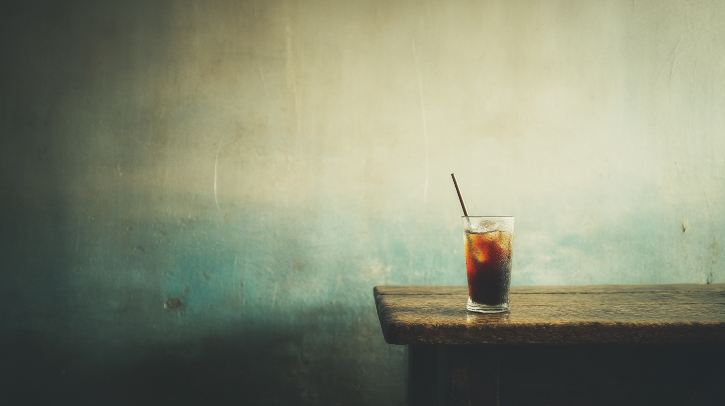 Drink 桌布 壁紙 — 一杯附有吸管的冰咖啡獨自放在一張風化的木桌上，背景是帶有紋理的青綠色和米色牆壁。