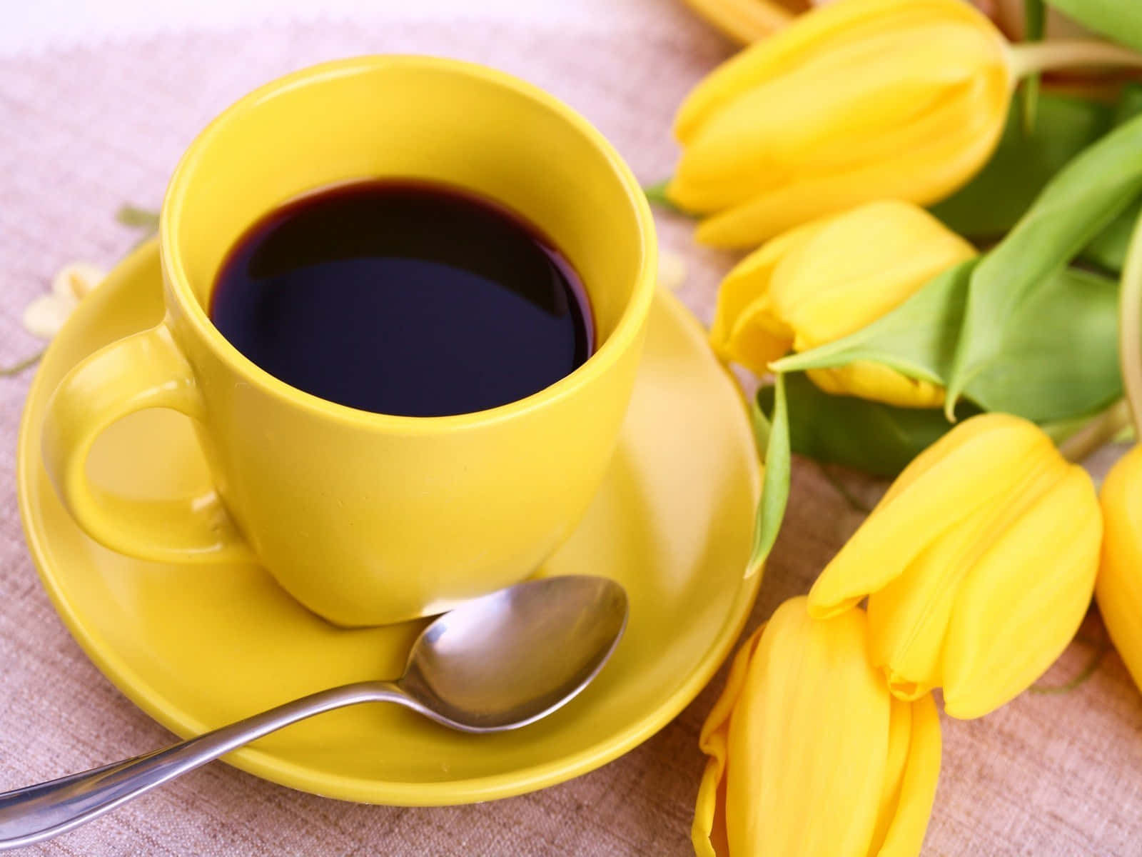 Morning Coffee 桌布 壁紙 — 一杯鮮黃色的黑咖啡放在碟子上，旁邊是鮮黃色的鬱金香，置於有紋理的米色表面上。