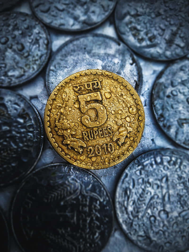 金錢 桌布 壁紙 — 一枚2010年的金色5盧比硬幣，在暗淡的銀幣堆上閃爍著水滴。