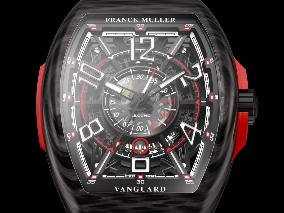 紅色動圖 桌布 壁紙 — 一枚Franck Muller Vanguard手錶，黑色碳纖維錶殼搭配紅色點綴，在黑色背景上展示複雜的機械錶盤。
