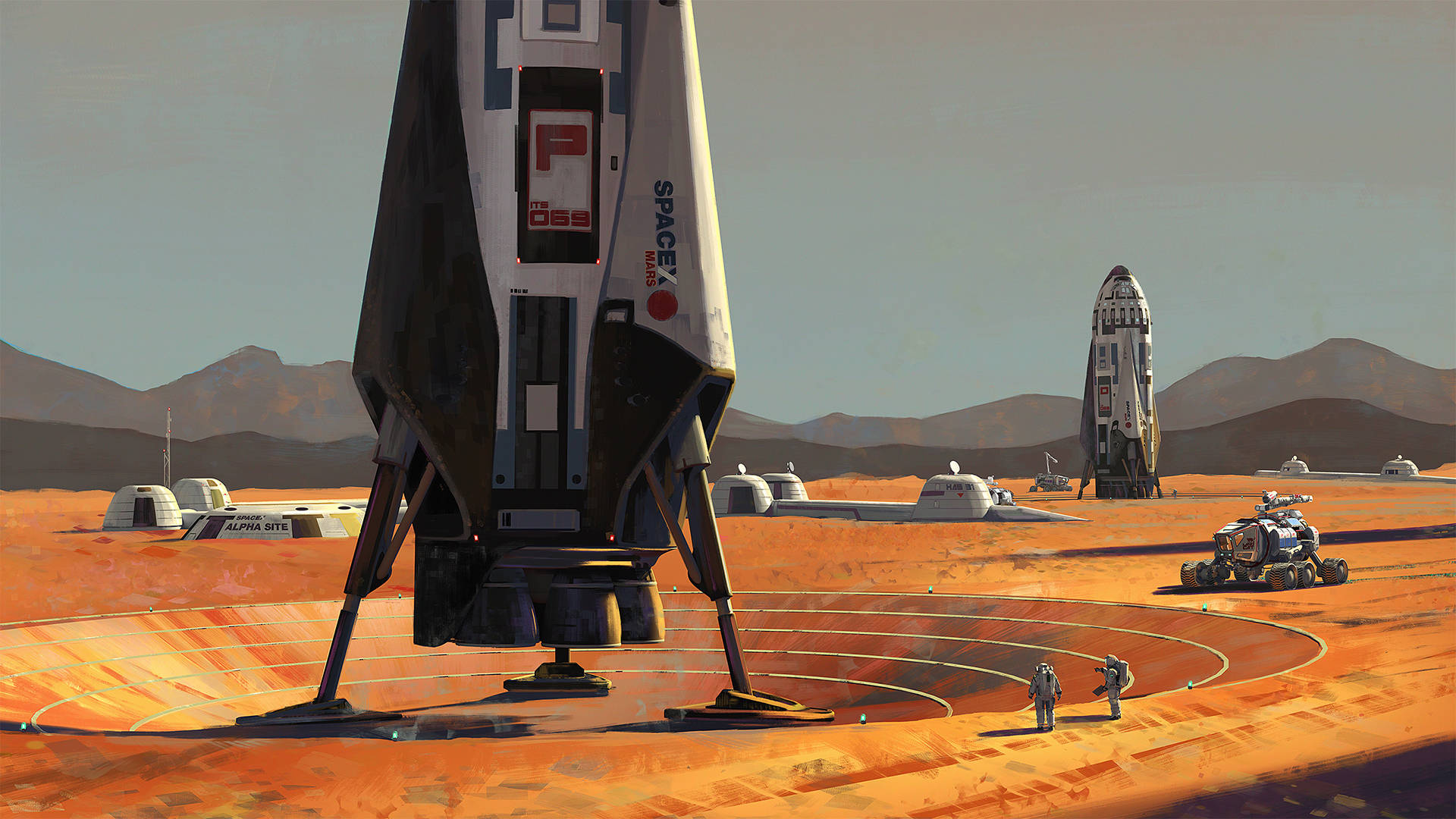 Painting Desktop 桌布 壁紙 — 一枚SpaceX火箭矗立在火星降落台上，太空人在附近行走，伴隨著一輛探測車和圓頂棲息地，背景是塵土飛揚的橙色景觀。