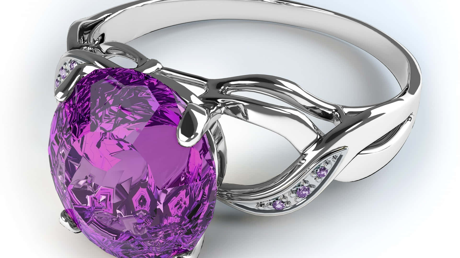 Purple Jewelry 桌布 壁紙 — 一枚令人驚嘆的3D渲染銀戒指，鑲有一顆大型刻面紫色寶石和較小的紫色點綴，置於潔淨的白色背景上。