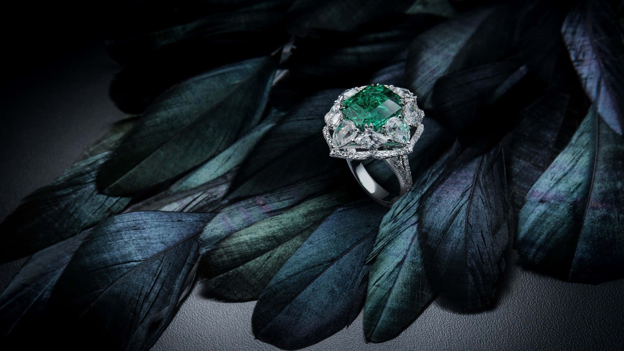 rings 桌布 壁紙 — 一枚令人驚嘆的祖母綠切割綠色寶石戒指，鑲有鑽石光環，優雅地放置在黑色背景上閃爍著虹彩的深藍色羽毛上。