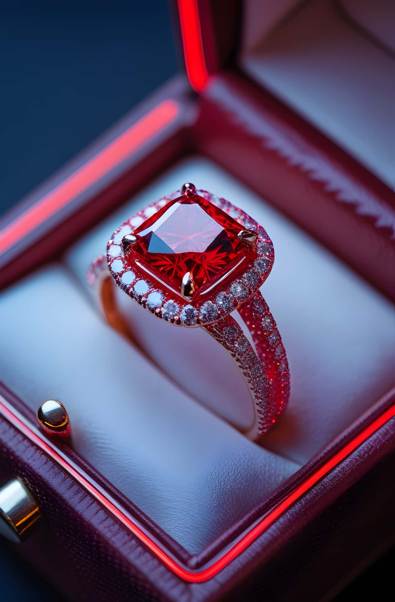 Cushion Cut Ruby Halo 壁紙 — 一枚令人驚嘆的紅色方形切割寶石戒指，帶有鑽石光環和戒環，放置在豪華的紅色天鵝絨珠寶盒中，帶有發光的紅色點綴。