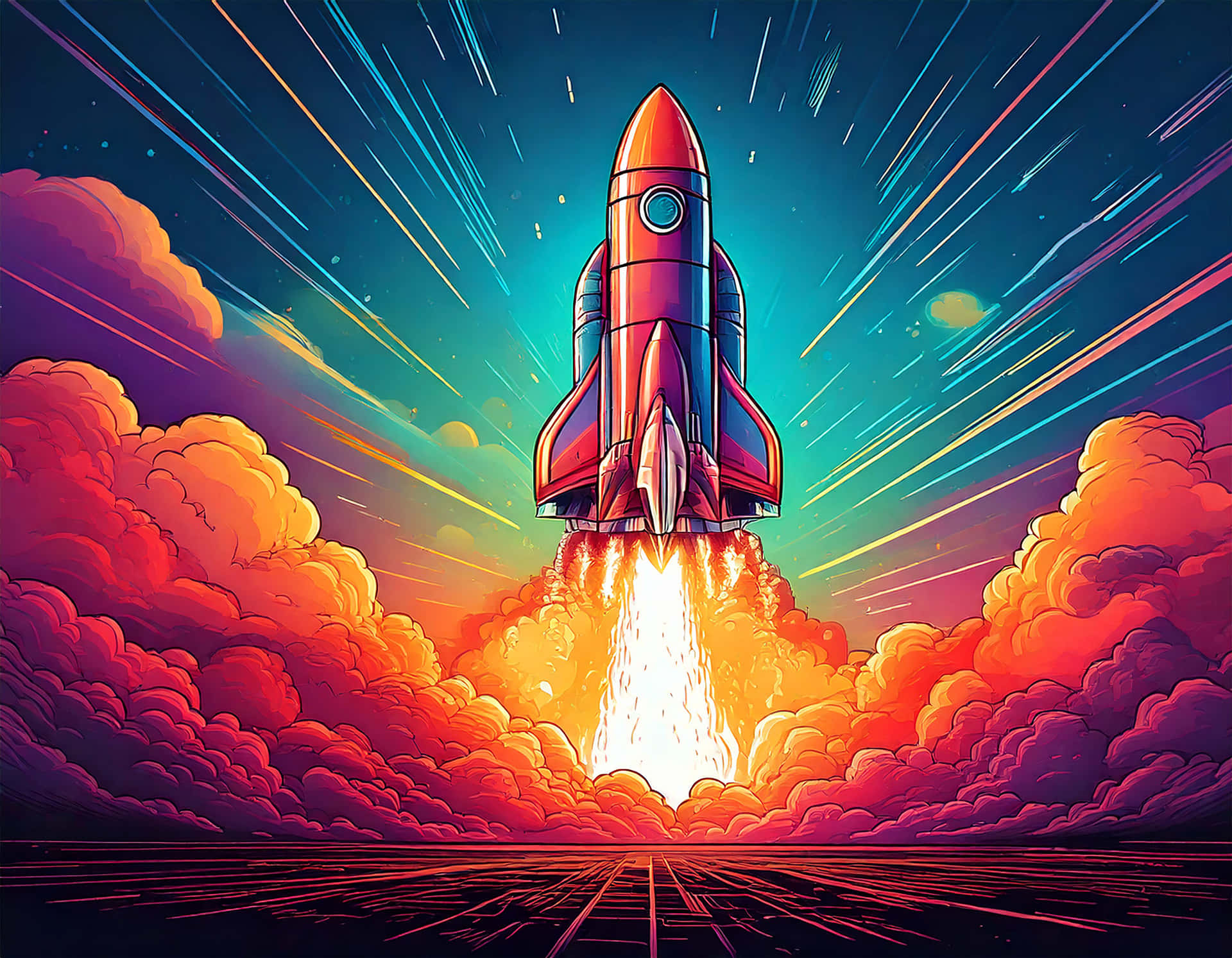 Rocket Launching 壁紙 — 一枚充滿活力的火箭衝破火熱的橙色雲層，背景是帶條紋的藍綠色和紫色天空。