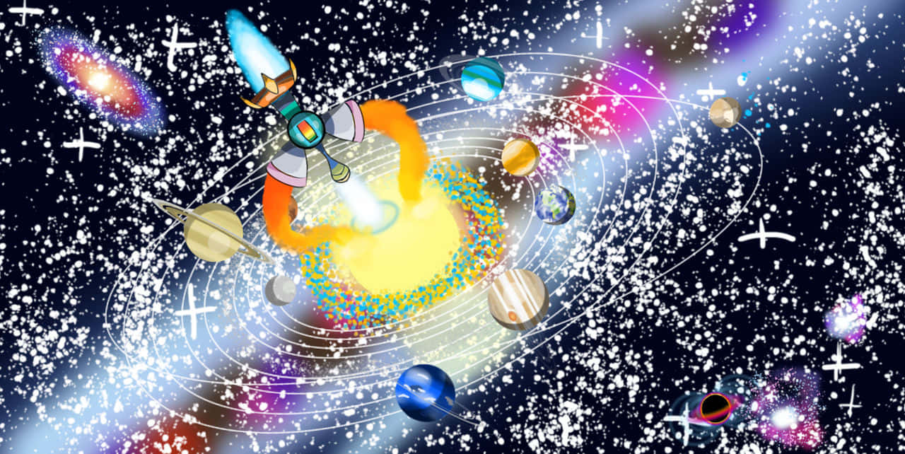 Space Colonization 桌布 壁紙 — 一枚充滿活力的火箭衝過色彩繽紛的宇宙場景，周圍環繞著行星、星系和恆星。