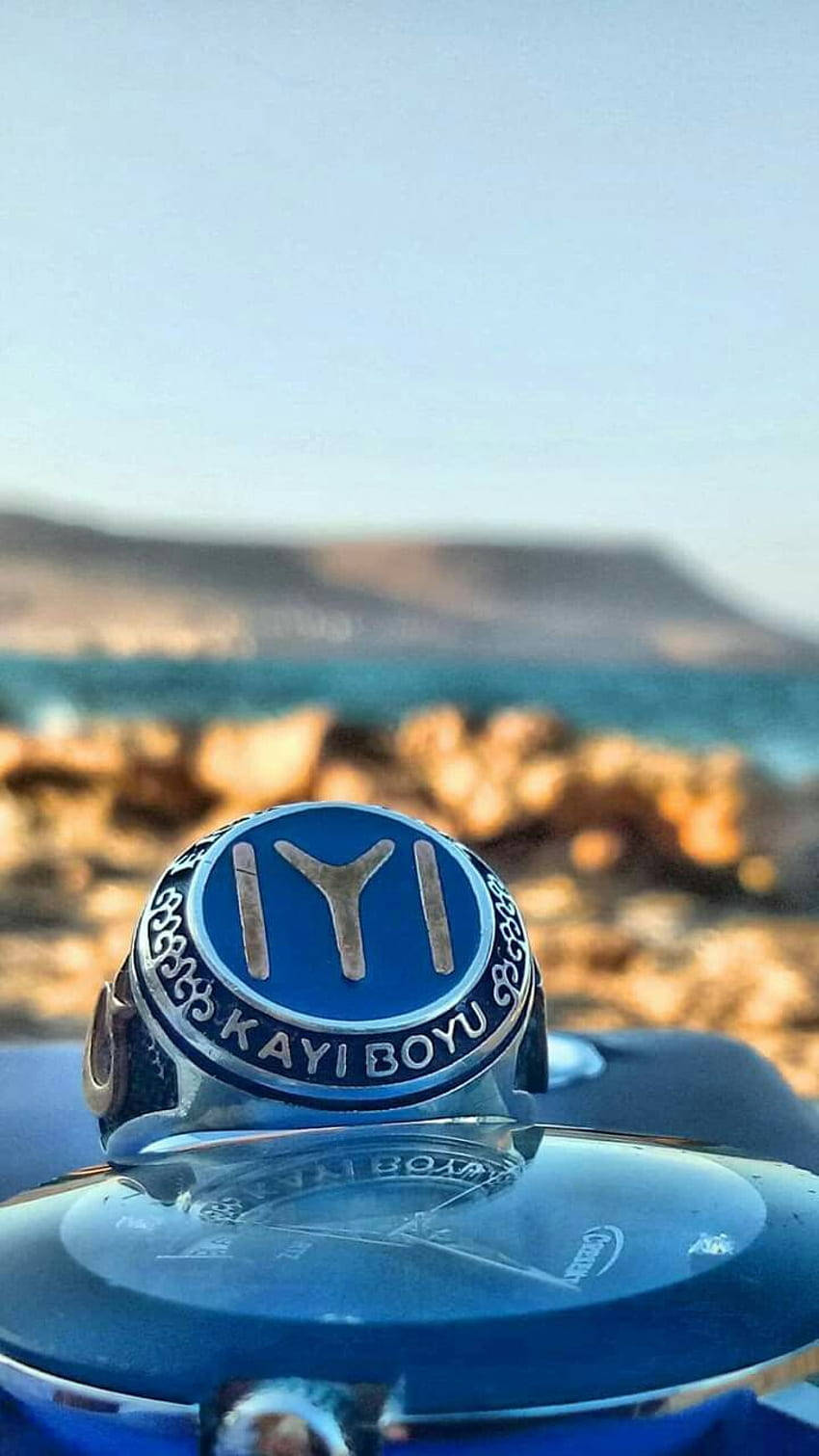 Bokeh 桌布 壁紙 — 一枚刻有「KAYI BOYU」的藍銀色戒指，放在光滑的藍色表面上，背景是模糊的海岸景色。