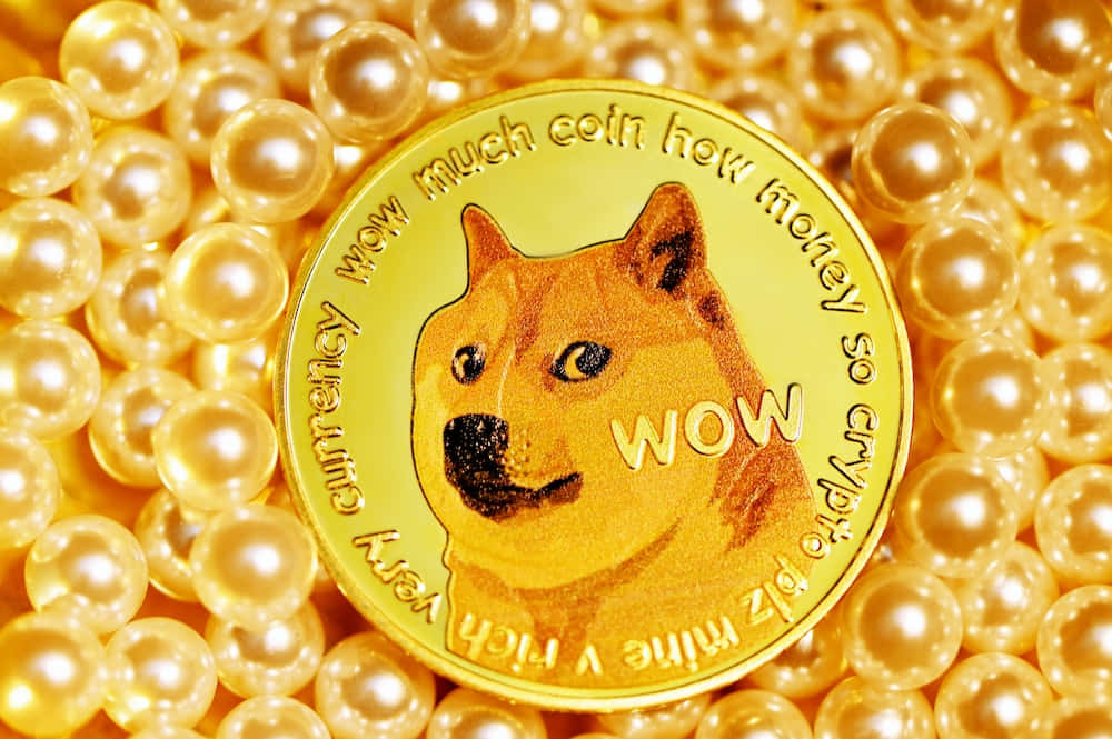狗狗幣 桌布 壁紙 — 一枚印有柴犬圖案的金色狗狗幣，安放在一層光澤的黃色珍珠之上。