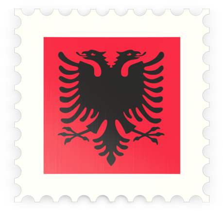 Albania 桌布 壁紙 — 一枚大膽的紅色郵票，中央有一隻黑色雙頭鷹，周圍是穿孔的白色邊框。