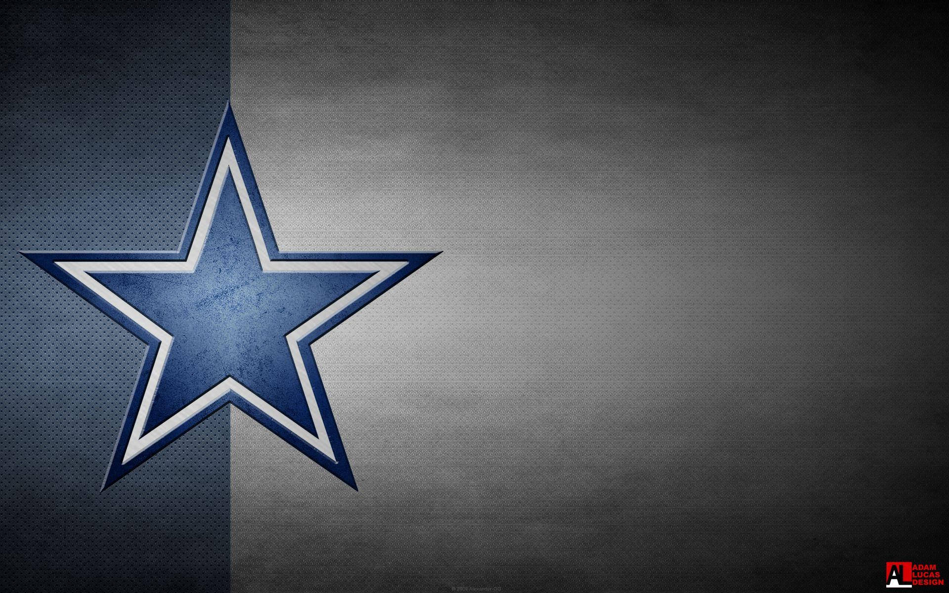 Dallas Cowboys Logo 桌布 壁紙 — 一枚大膽的藍色星星帶有白色邊框，在帶有紋理的深灰色背景上脫穎而出，背景被一條微妙的垂直接縫分割。