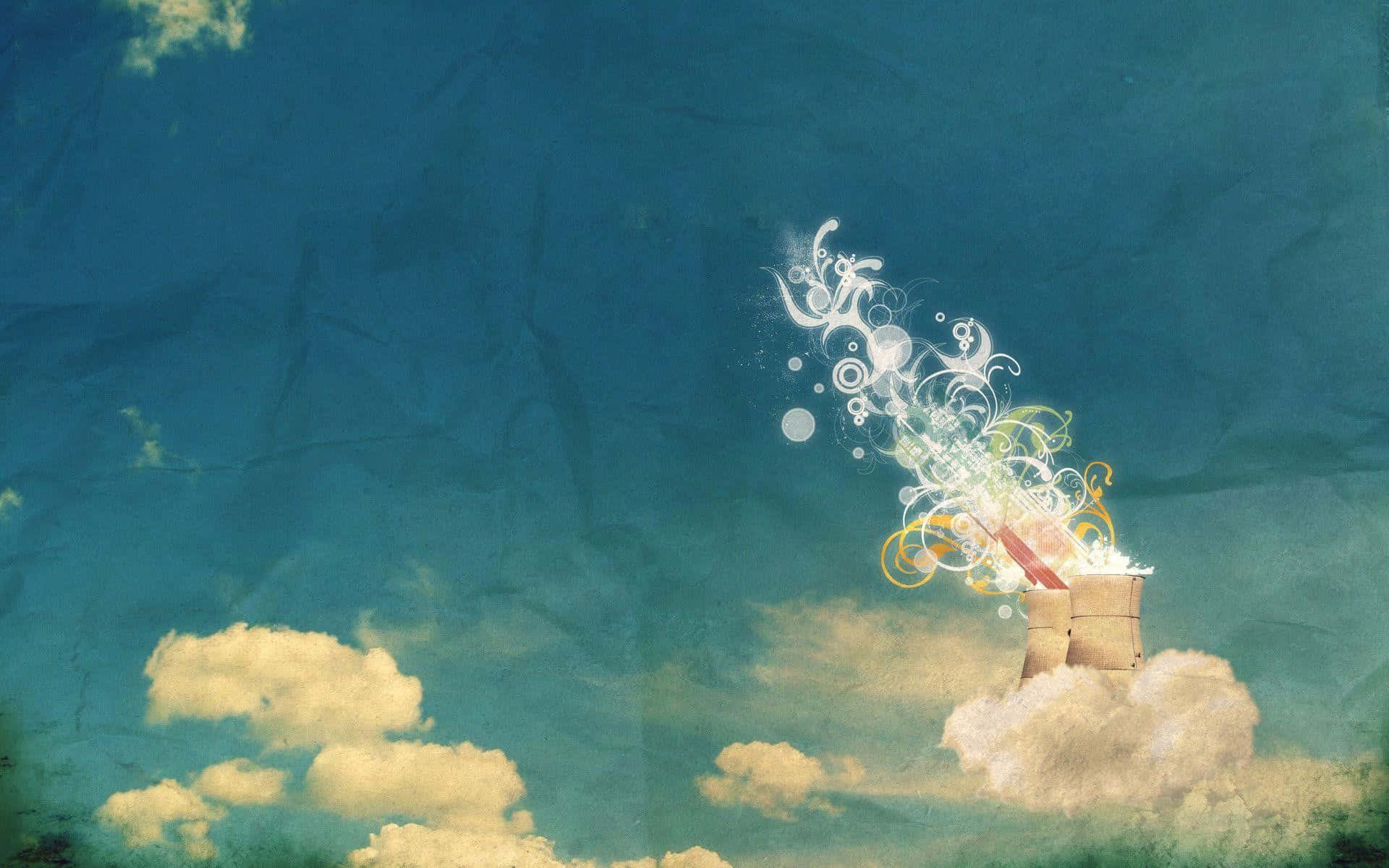 酷炫桌面 桌布 壁紙 — 一枚奇幻的火箭從雲層中發射，背景是帶有紋理的青綠色天空，拖曳著旋轉的白色和金色魔法能量。
