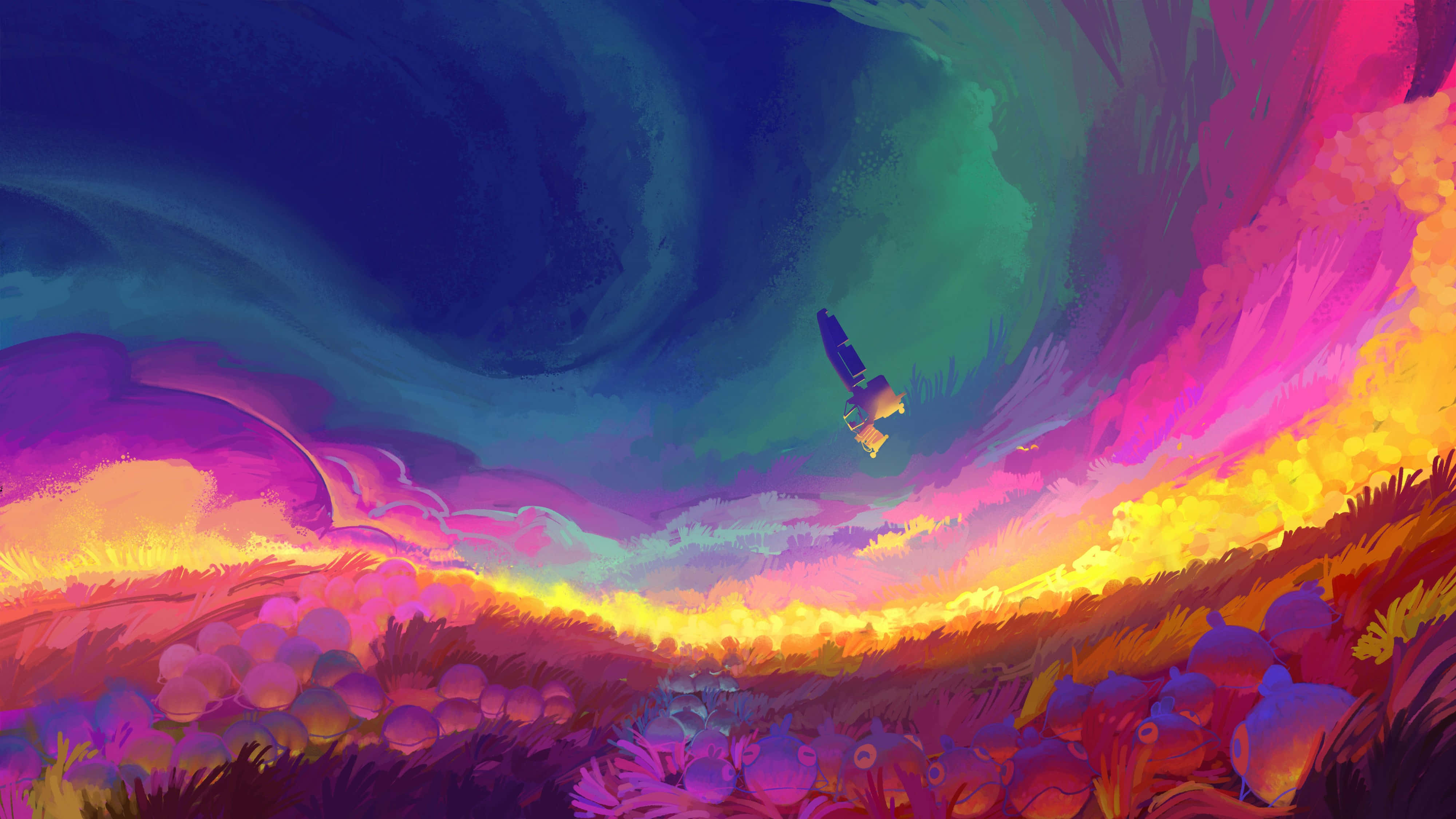 Painting Desktop 桌布 壁紙 — 一枚孤獨的火箭穿過旋轉的宇宙天空，天空塗有鮮豔的紫色、粉紅色和金色，上方是超現實的外星景觀。