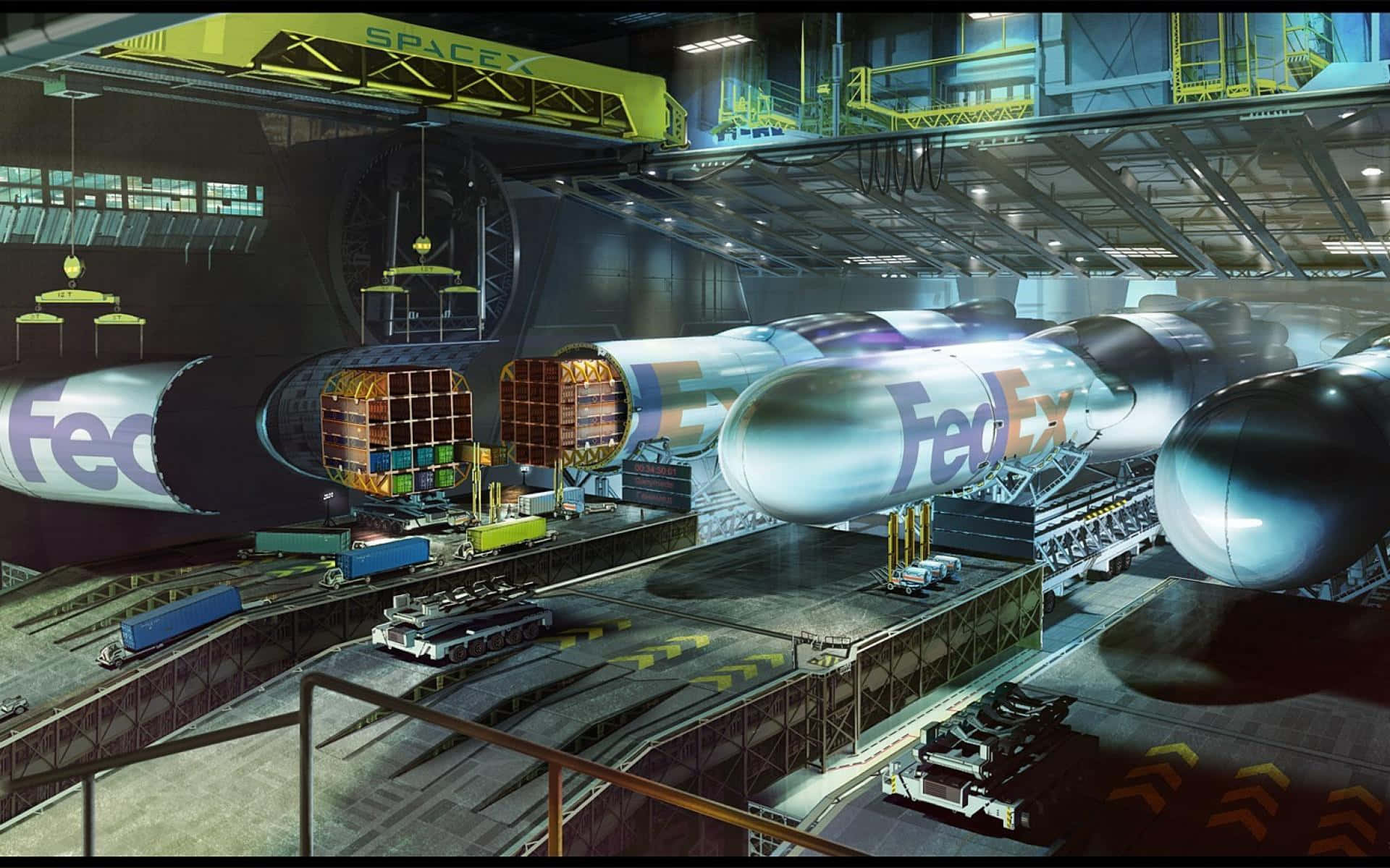 聯邦快遞 桌布 壁紙 — 一枚巨大的FedEx火箭位於SpaceX機庫內，周圍有工業起重機和運輸車輛。