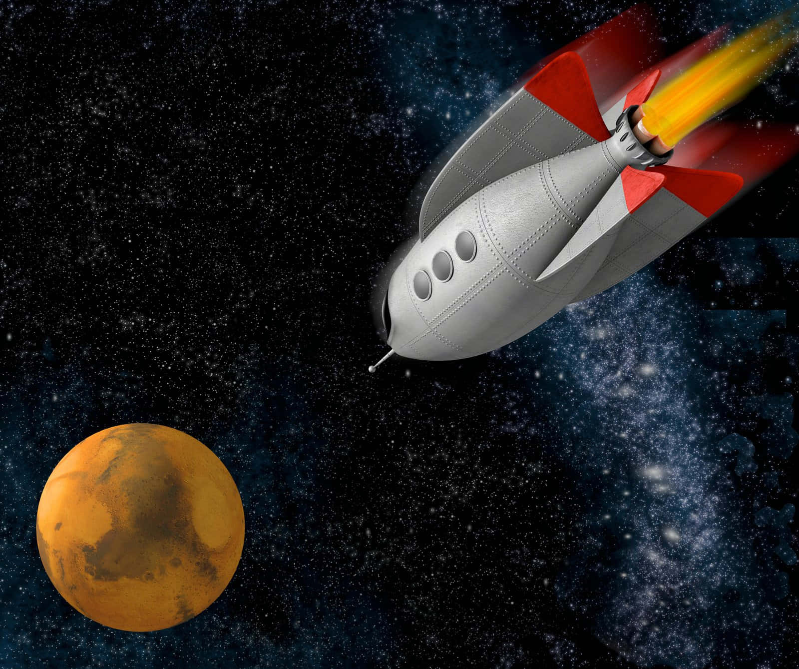 Spaceship 桌布 壁紙 — 一枚帶有紅色尾翼的時尚銀色火箭，在星空下向著一個鏽橙色行星疾馳。