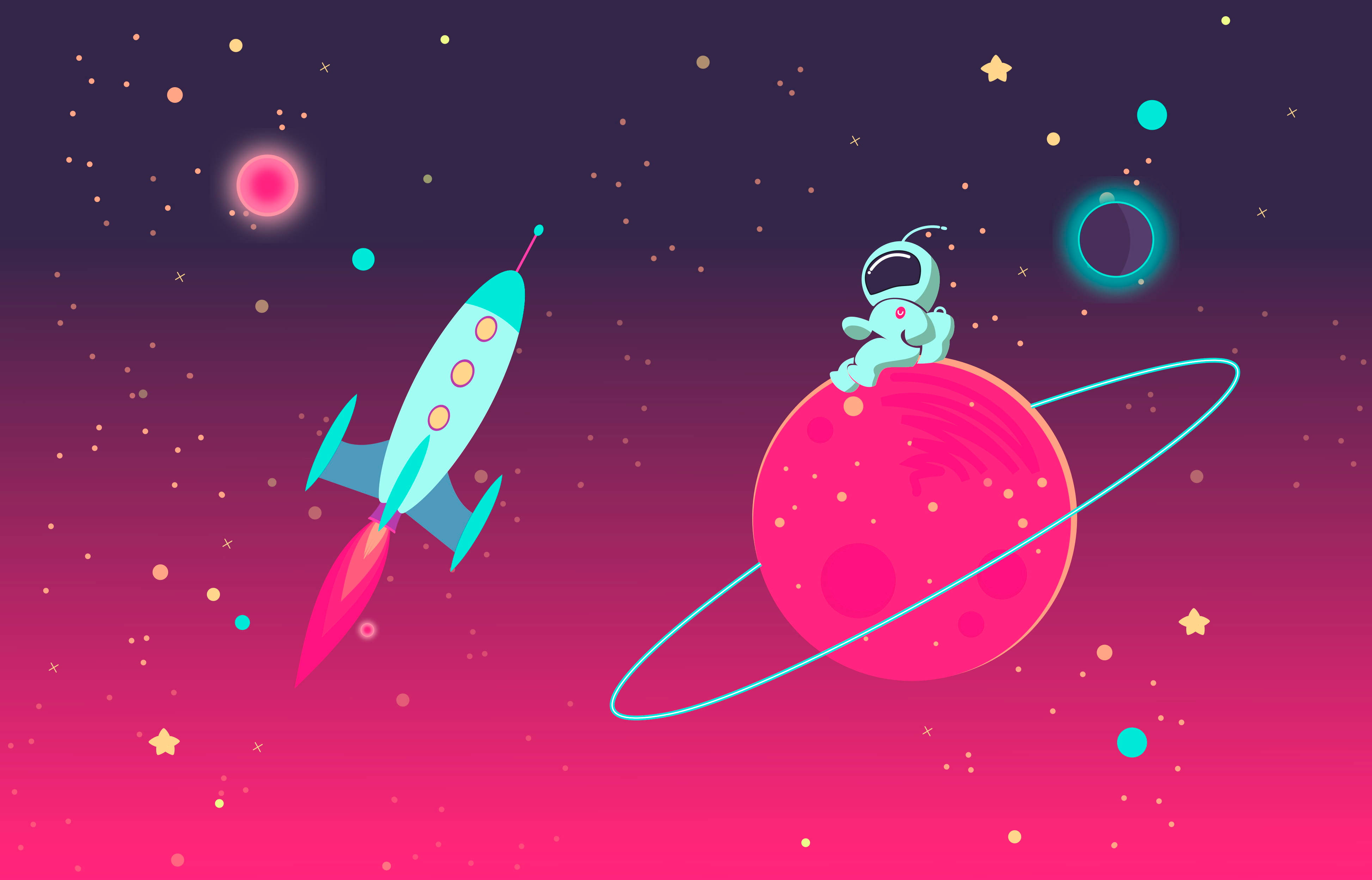 土星 桌布 壁紙 — 一枚復古火箭飛過一顆粉紅色環狀行星，一隻太空人象坐在上面，背景是星空漸變天空。