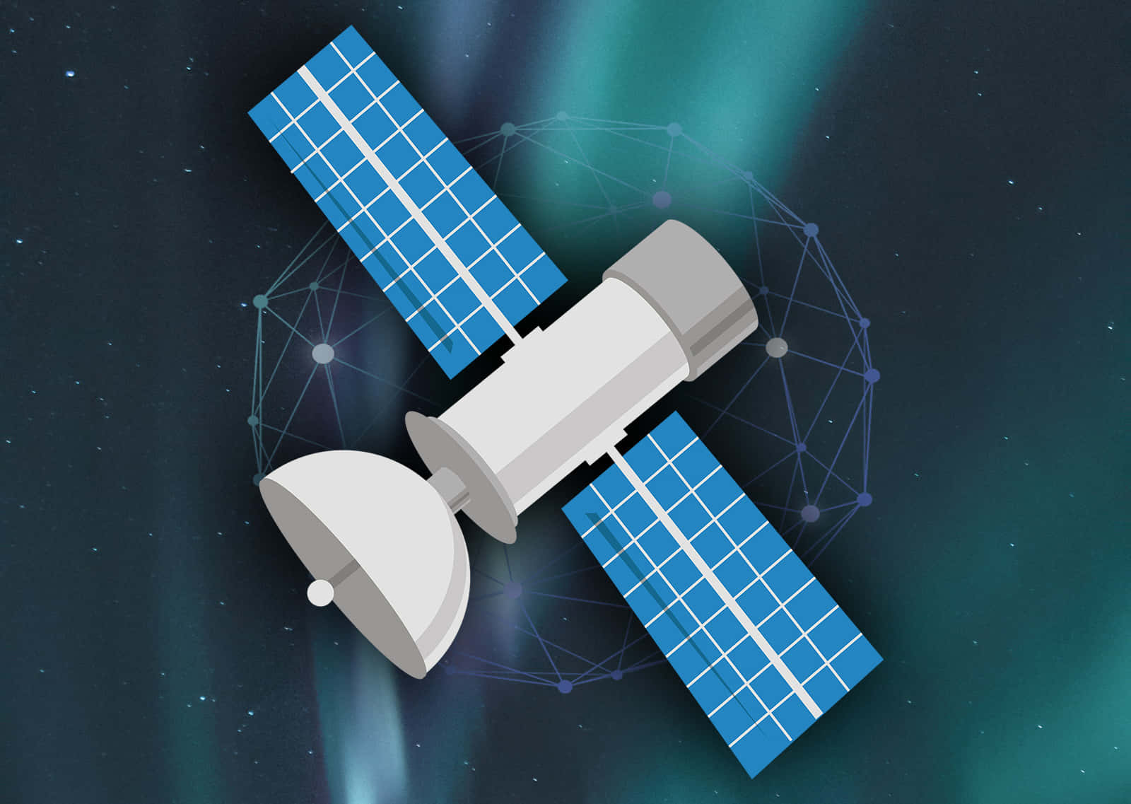 Space Satellite 桌布 壁紙 — 一枚時尚的衛星帶有藍色太陽能板，在繁星點點的天空中繞行，伴隨著發光的綠色極光。