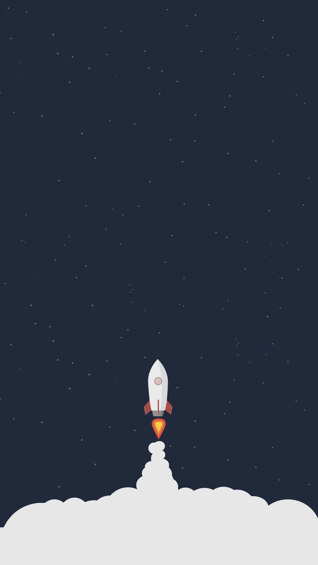 火箭 桌布 壁紙 — 一枚極簡風格的火箭從雲層中發射，衝向繁星點點的夜空，尾部噴出火焰。