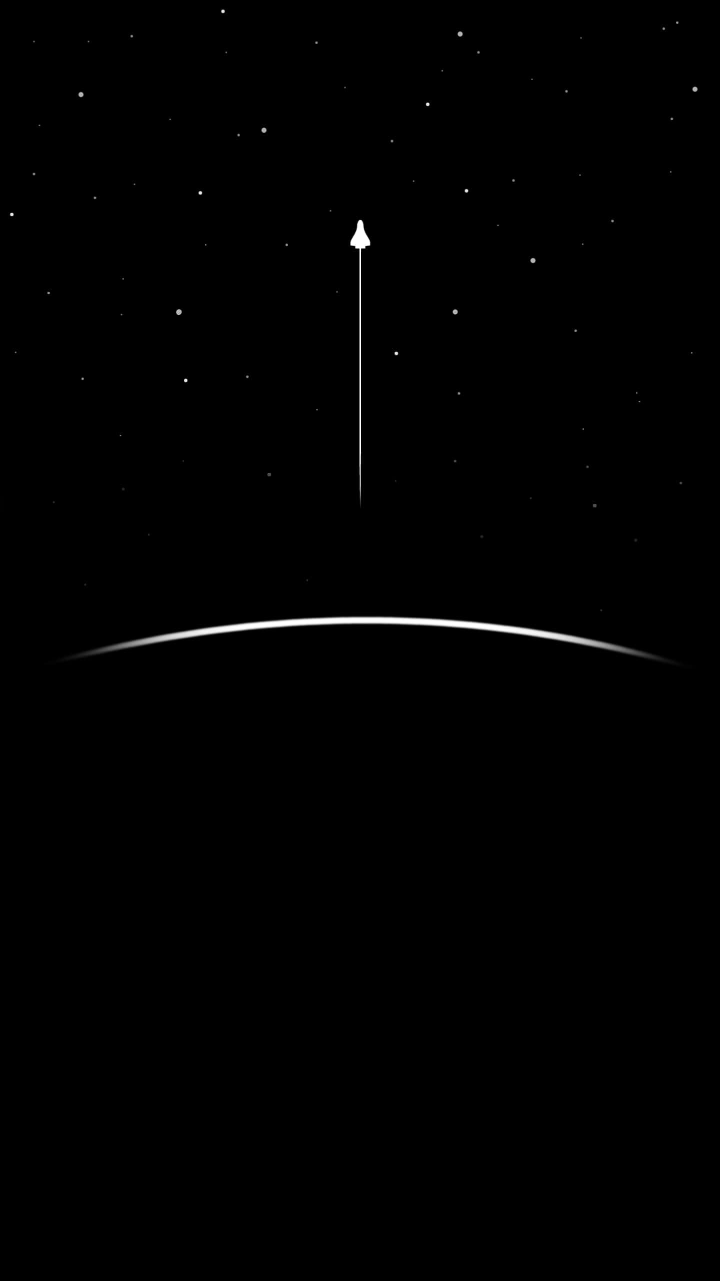 AMOLED 桌布 壁紙 — 一枚極簡風格的白色火箭在彎曲的行星地平線上方，朝著星際空間上升。