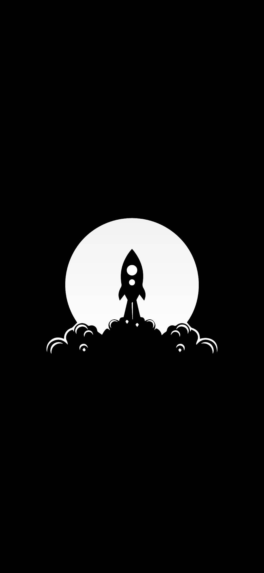 火箭 桌布 壁紙 — 一枚極簡黑白火箭從雲層中發射，背景是發光的圓形。