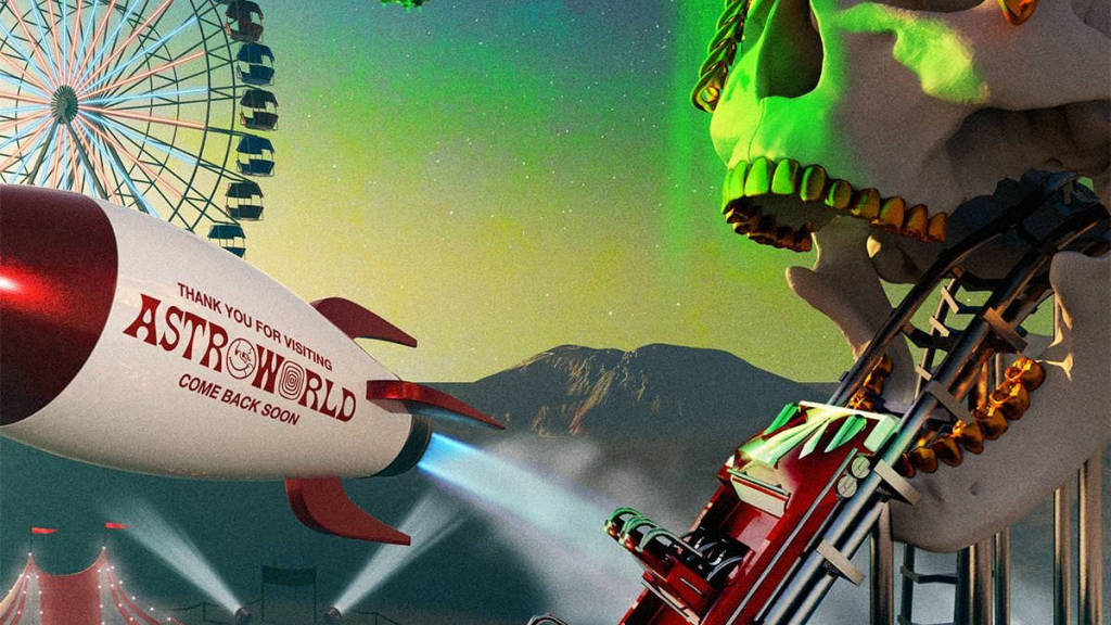Travis Scott Astroworld 桌布 壁紙 — 一枚標有「感謝您蒞臨AstroWorld」的火箭在一個巨大骷髏形狀的雲霄飛車旁邊發射，天空發出綠色光芒。