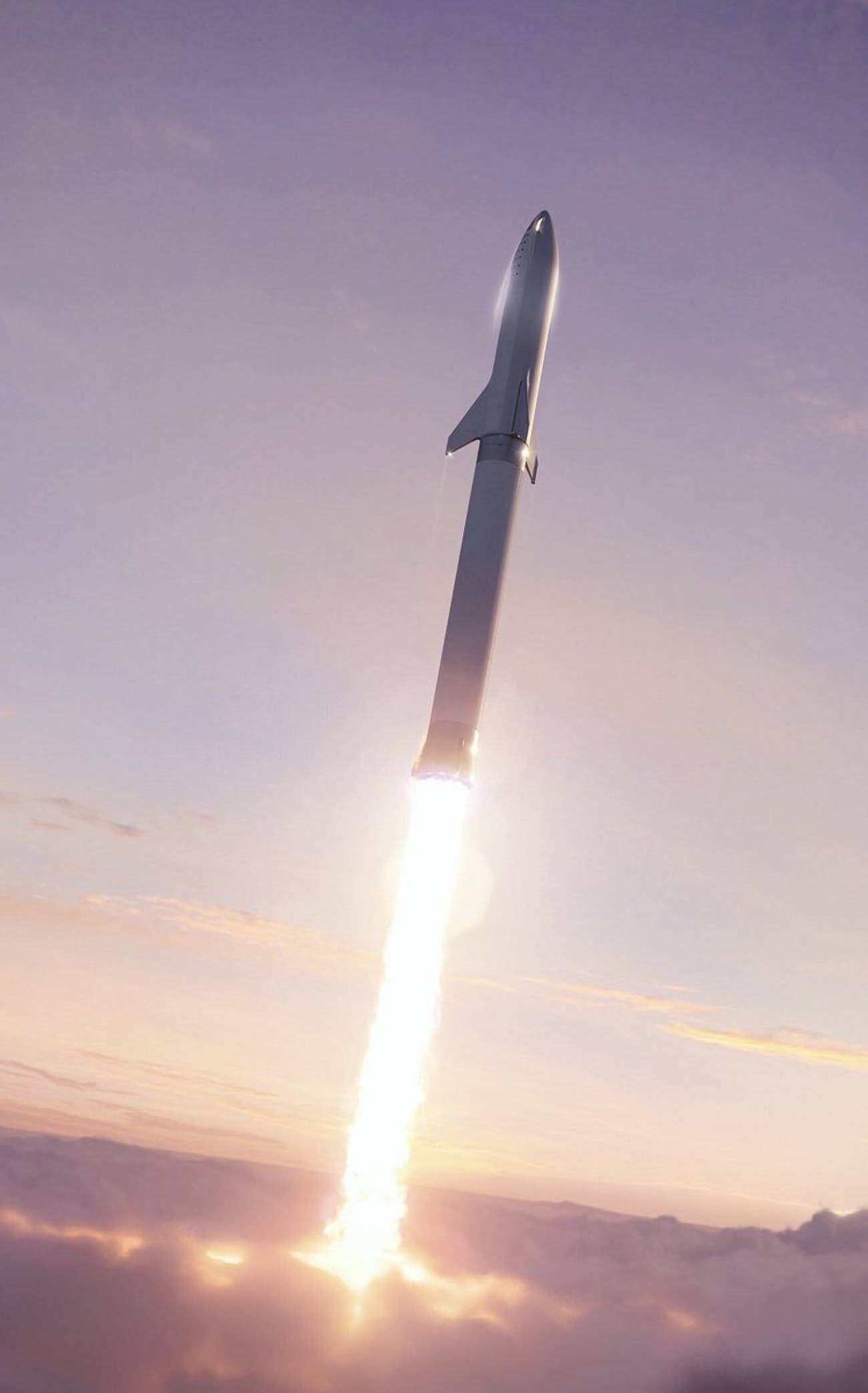 SpaceX 桌布 壁紙 — 一枚流線型火箭穿過雲層上升，在黎明時分柔和的紫色和橙色天空中留下熾熱的痕跡。