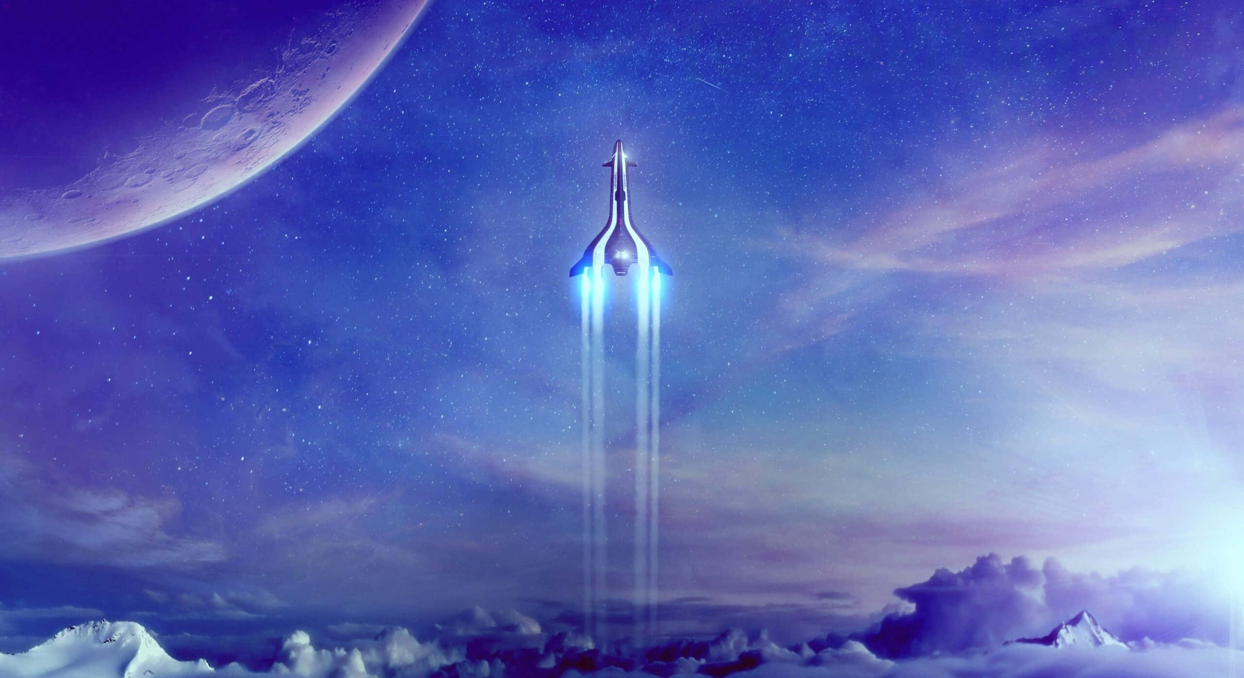 Mass Effect Andromeda 桌布 壁紙 — 一枚流線型火箭穿過雲層和星星上升，頭頂有一輪發光的月亮。
