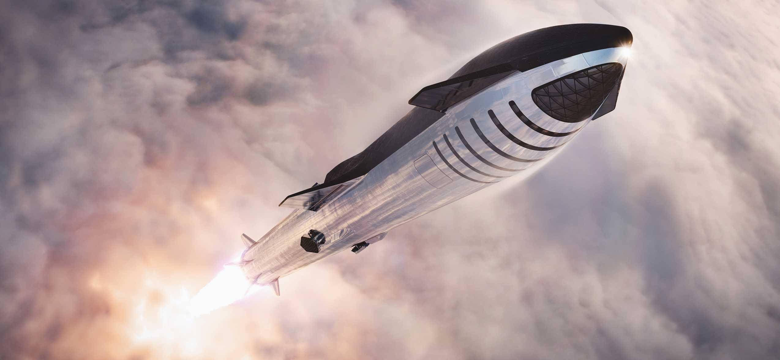 Spacex Starship 桌布 壁紙 — 一枚流線型銀色火箭帶黑色點綴穿過雲層上升，留下明亮火焰痕跡。
