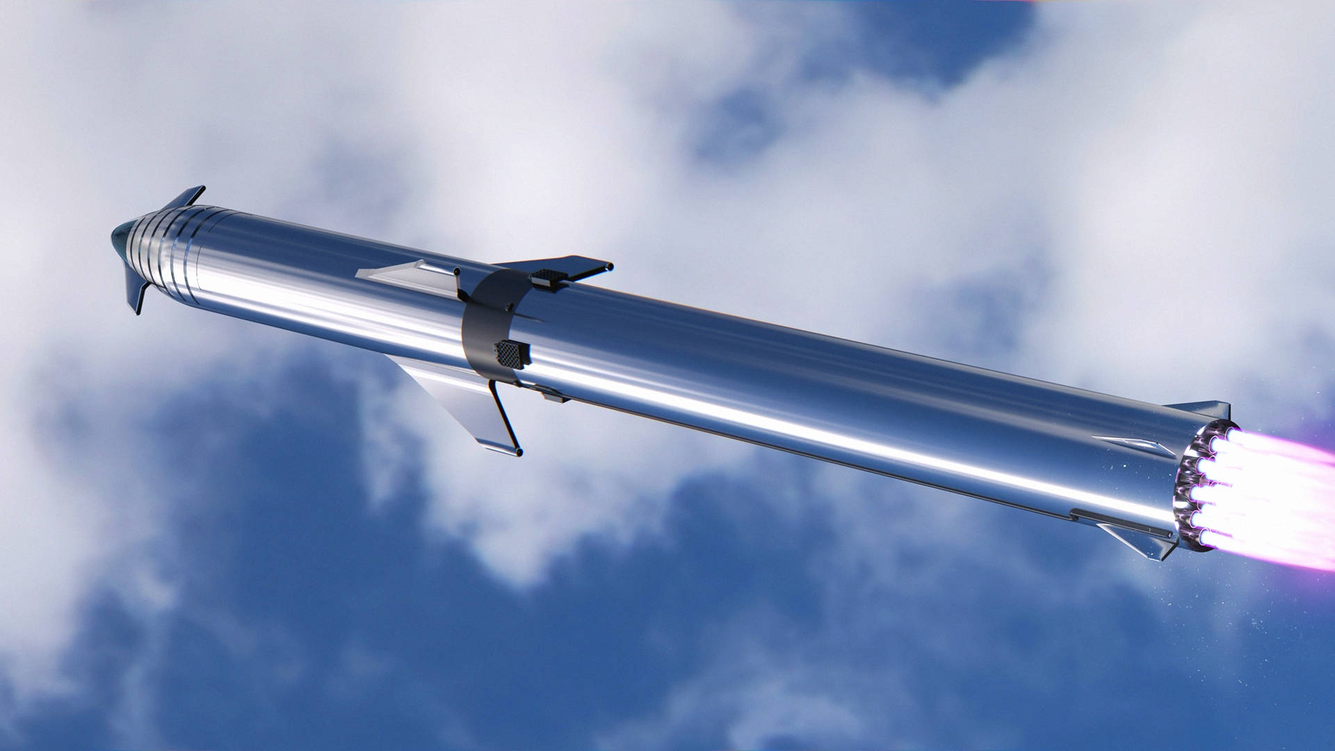 Spacex Starship 桌布 壁紙 — 一枚流線型銀色火箭穿過藍天白雲，留下一道明亮的紫色火焰軌跡。